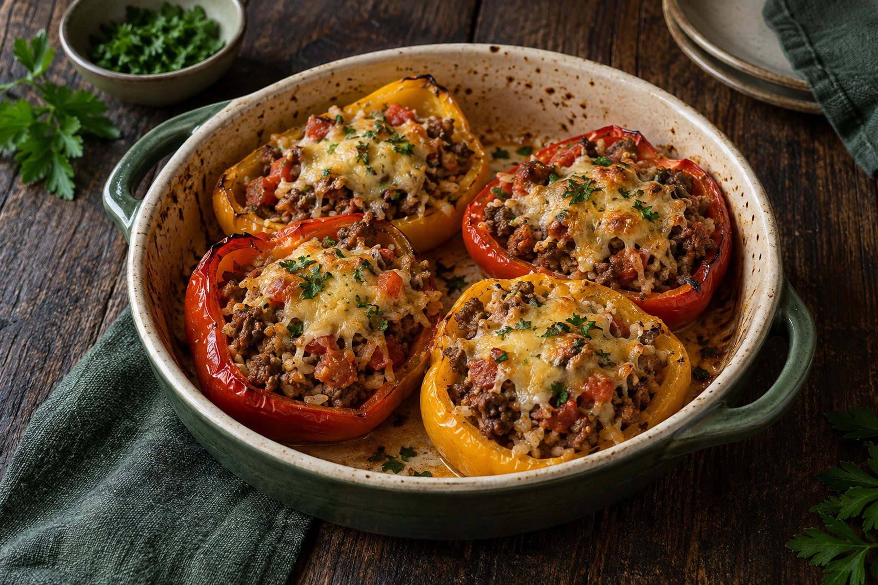 Roasted red and yellow pepper halves filled with cooked venison mince, rice and tomato under a light Cheddar topping.