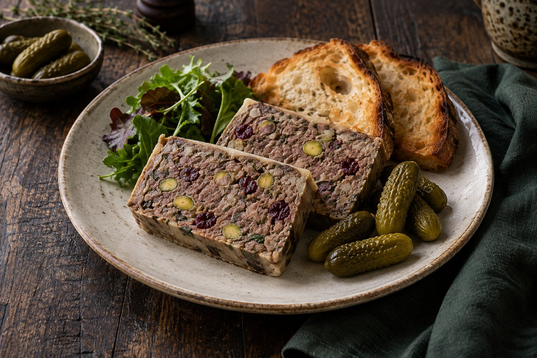 Cold wild venison terrine slices with pistachios and cranberries, cornichons and toast.