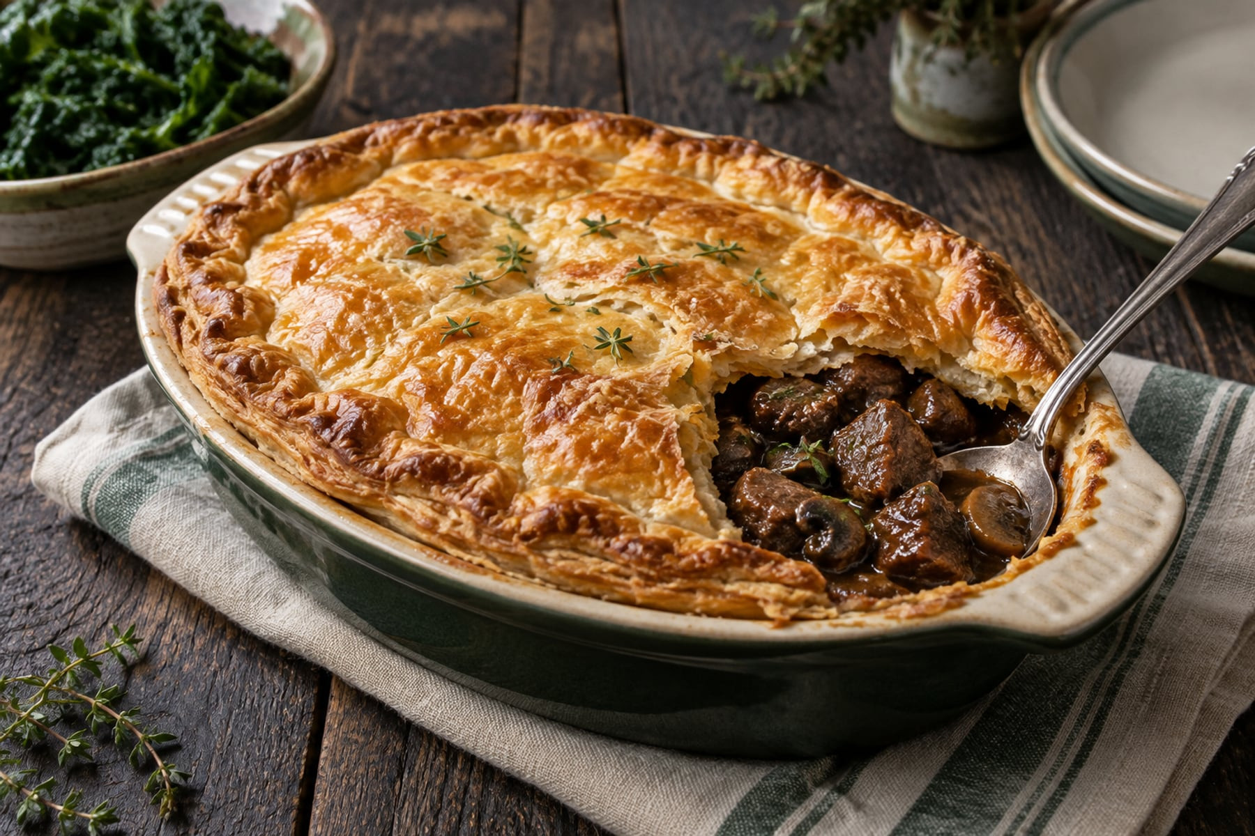 Golden pastry-topped wild venison and mushroom pie with its rich filling visible.