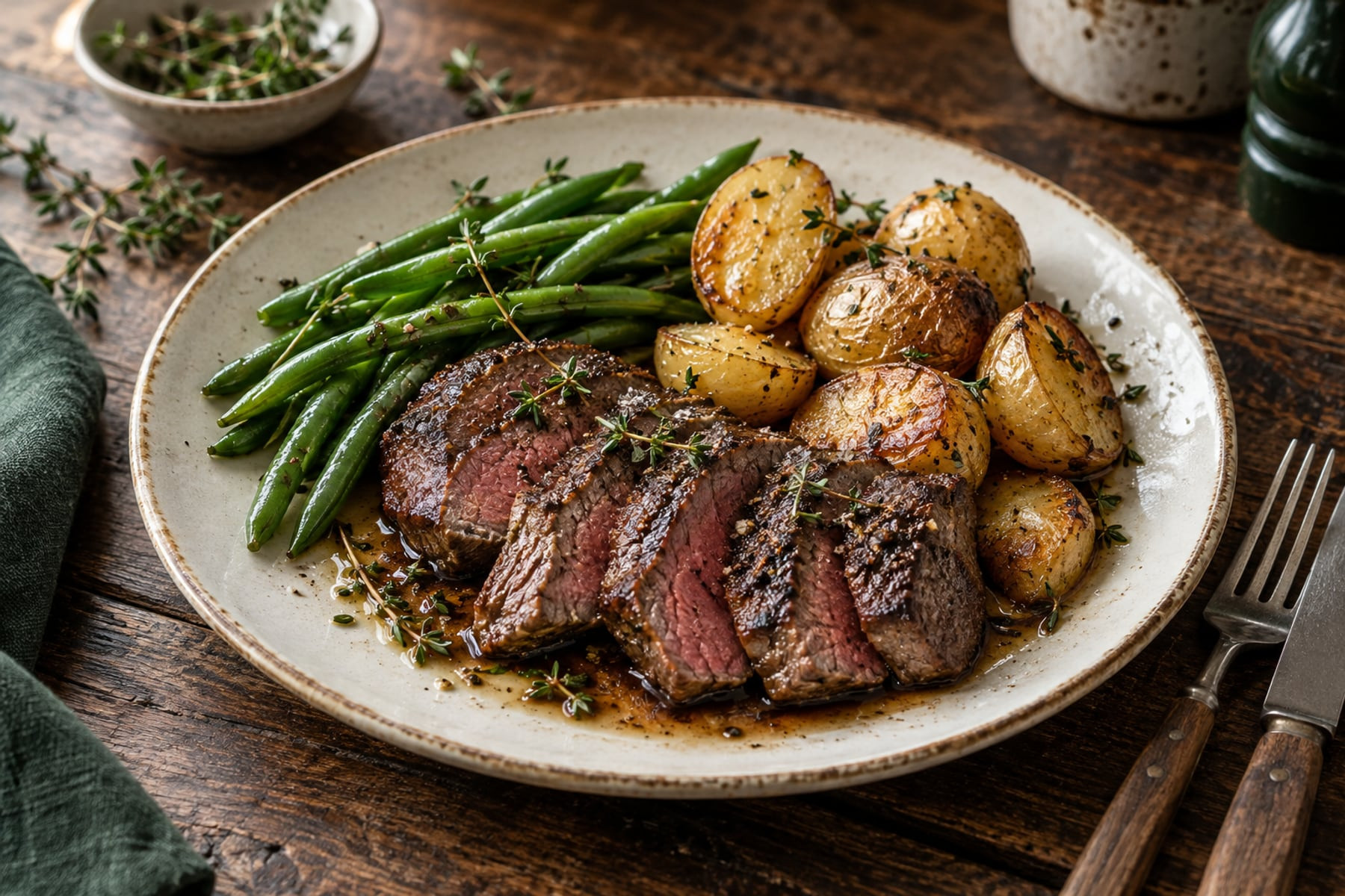 Sliced wild venison steak with roasted baby potatoes, green beans and thyme juices.