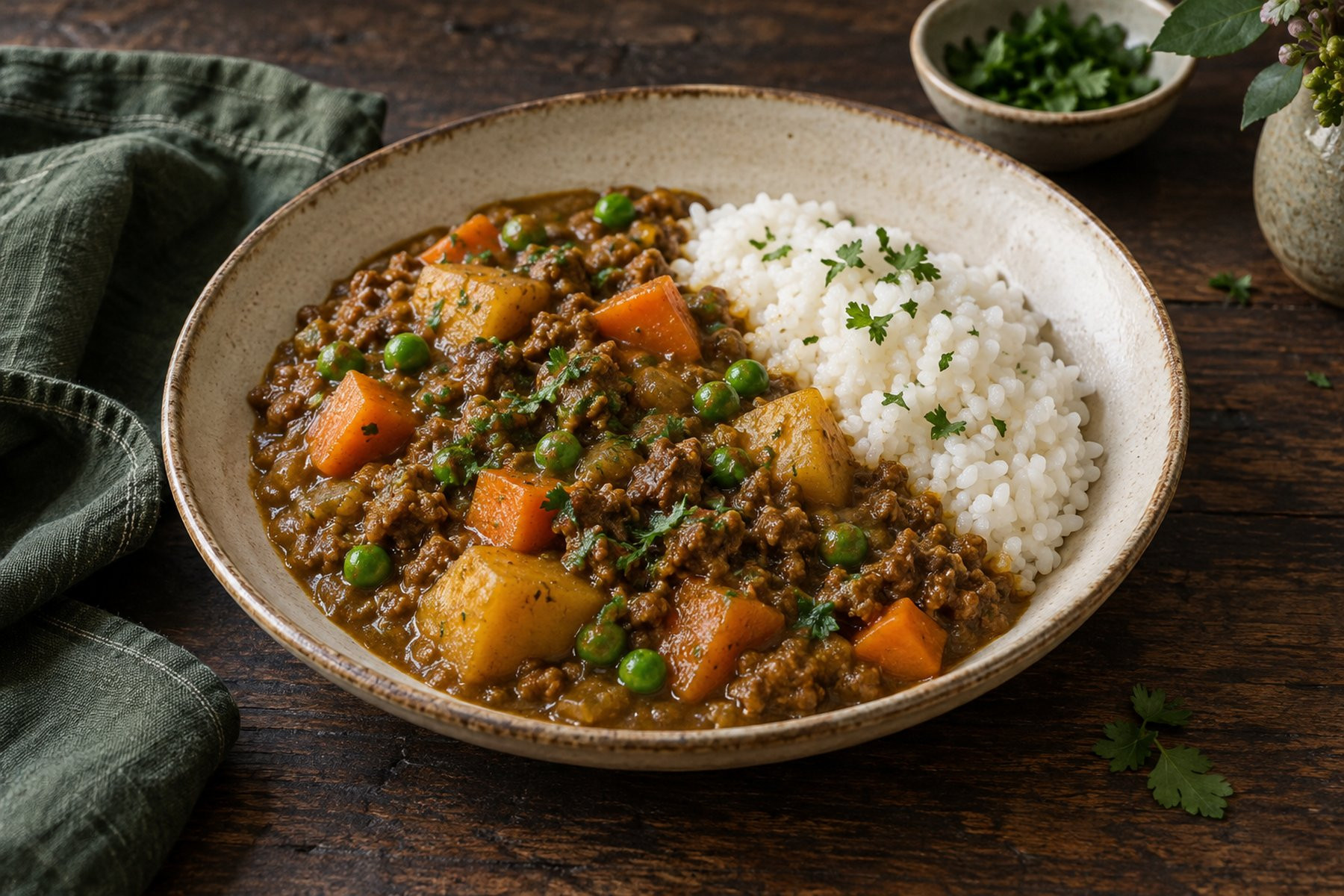 A thick golden-brown venison mince curry with carrot, peas and potato beside a neat portion of rice.