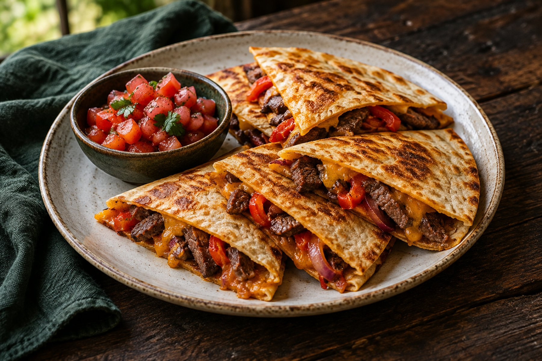 Crisp tortilla wedges filled with cooked venison steak strips, red pepper and melted Cheddar, with tomato salsa beside them.