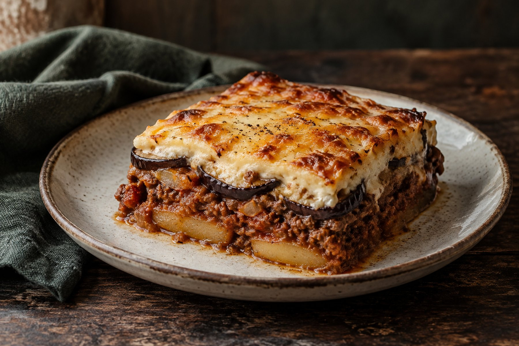 A square portion of baked venison moussaka showing aubergine, potato and mince layers beneath a golden white sauce.