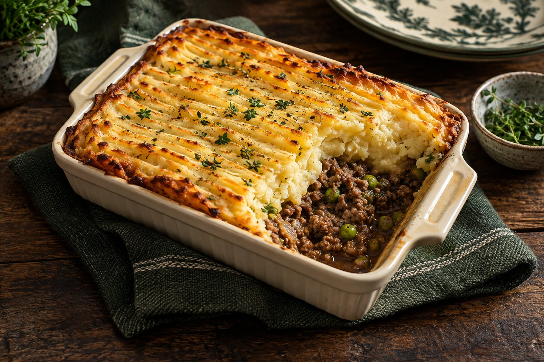 Wild venison cottage pie with a golden mashed potato crust and mince and peas beneath.