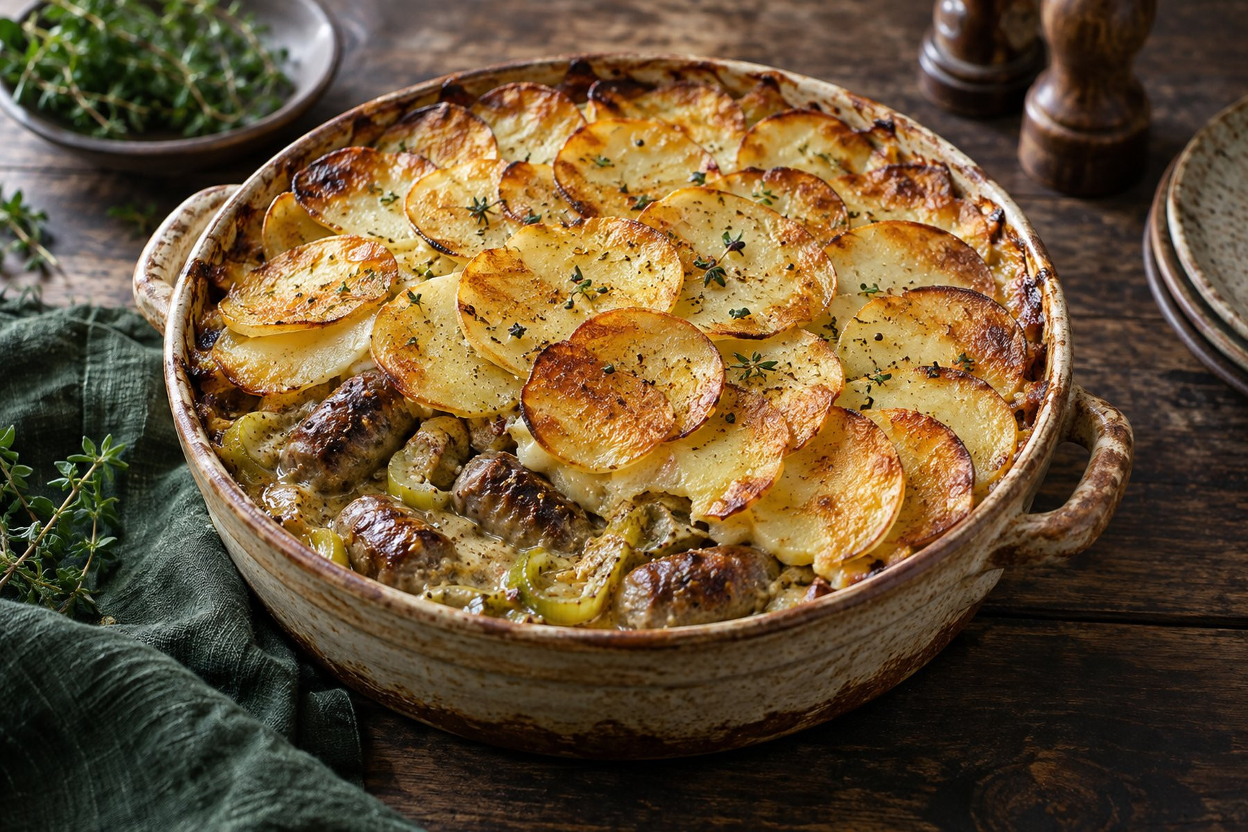 Golden potato-topped hotpot with wild venison sausage, leeks and mustard sauce.