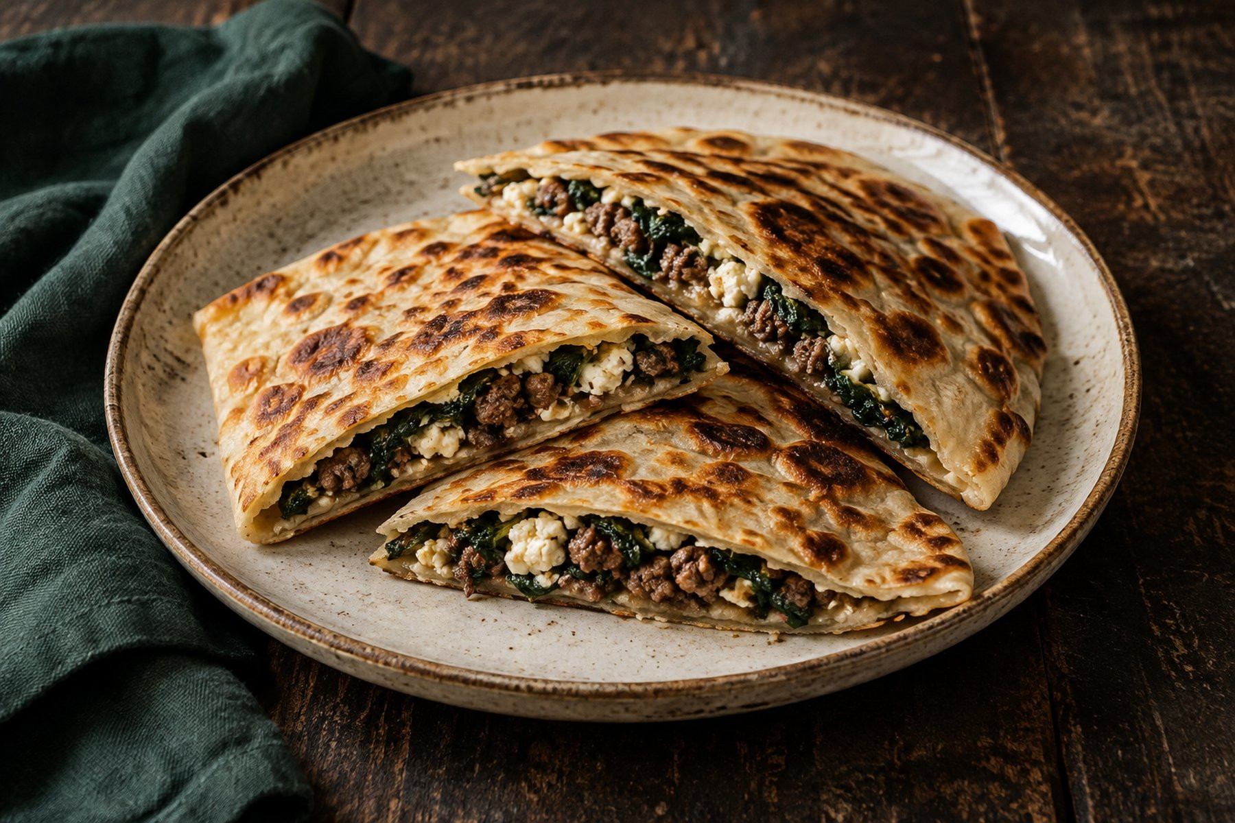 Folded pan-cooked flatbread wedges with browned blisters and a visible filling of venison mince, spinach and feta.