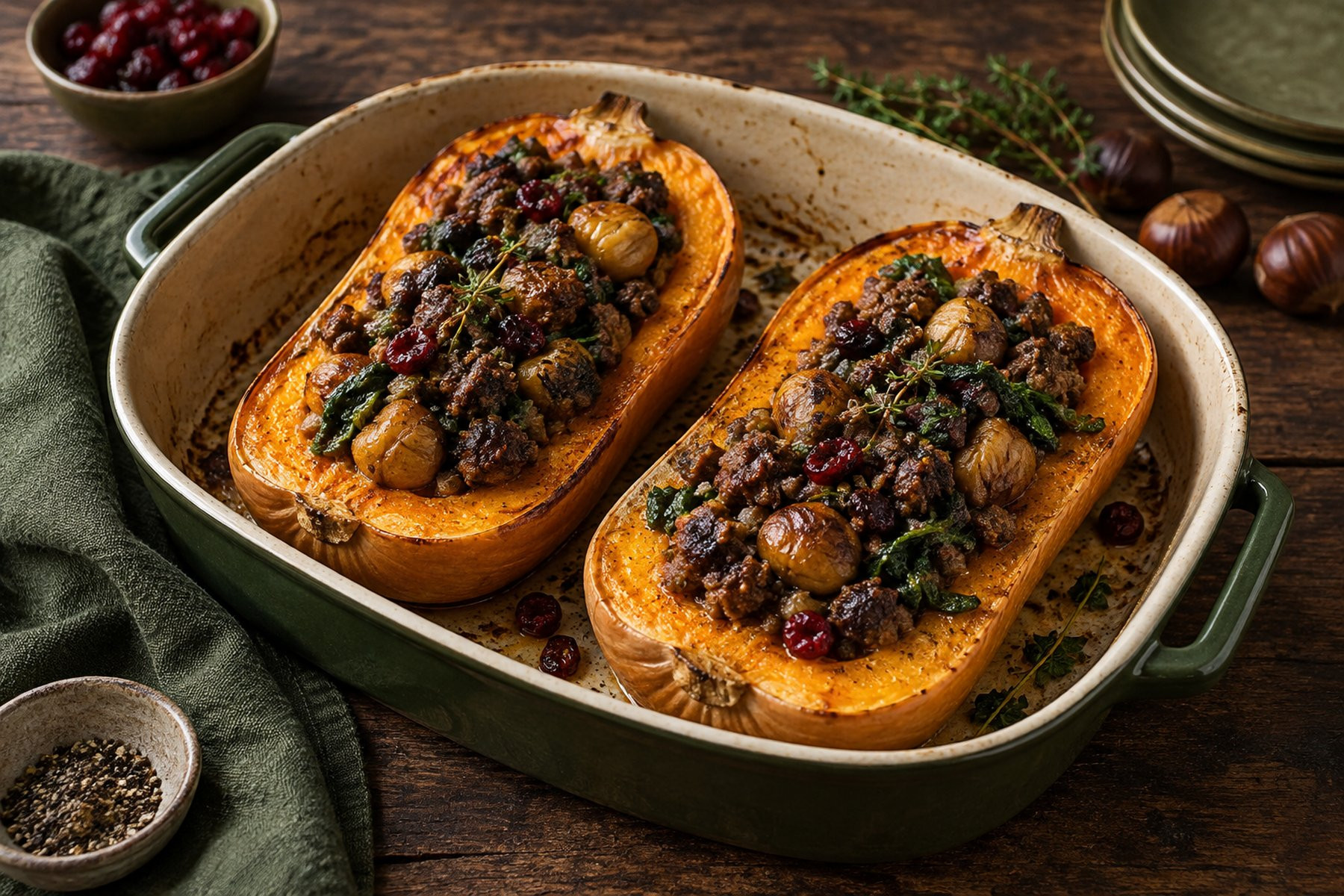 Roasted squash halves filled with wild venison mince, chestnuts, cranberries and spinach.
