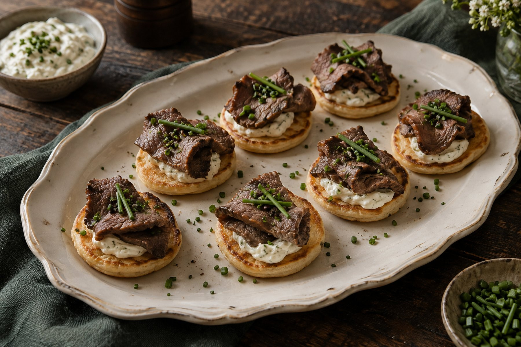 Mini blinis with cooked wild venison steak, horseradish cream and chives.