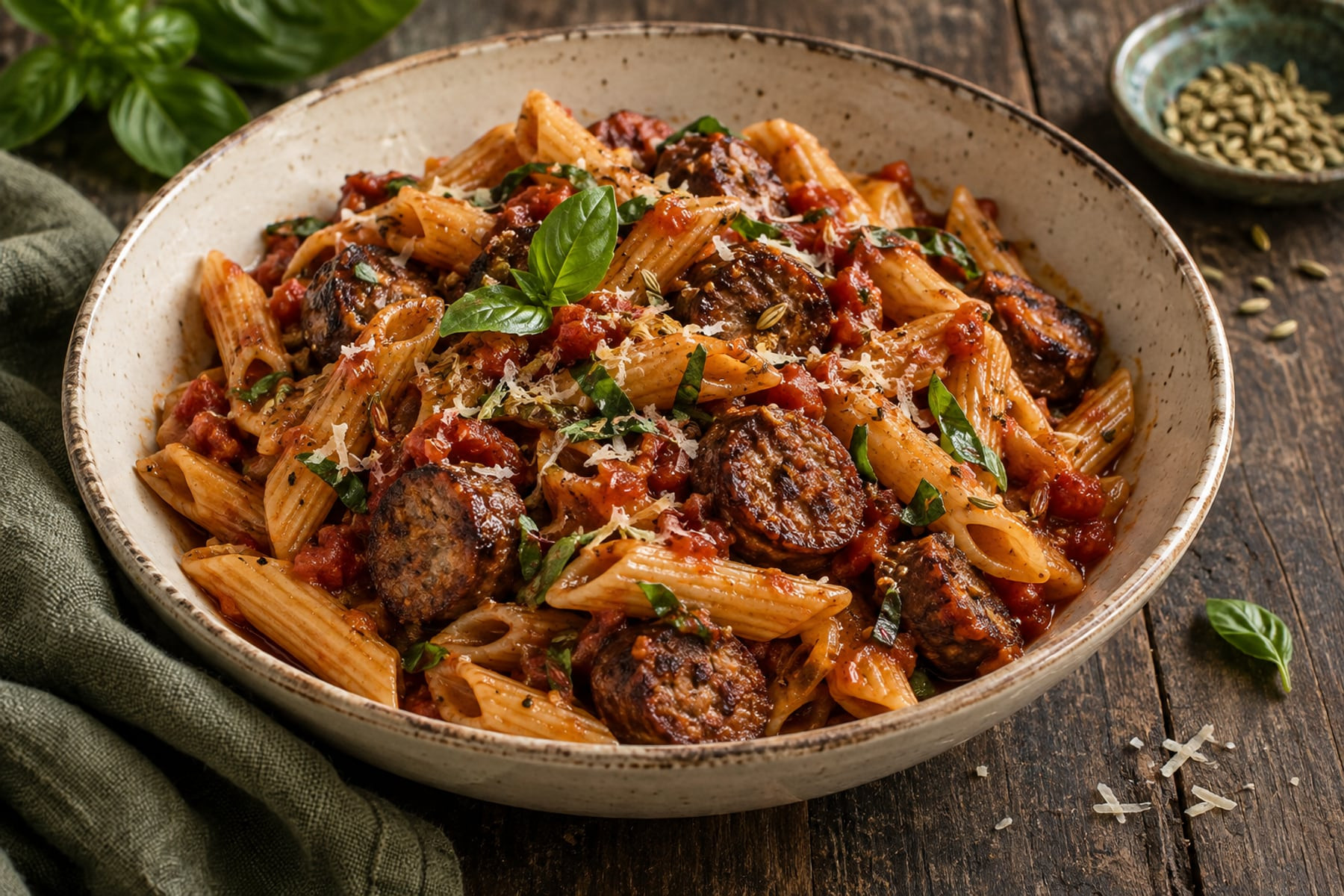 Penne with wild venison sausage slices, tomato sauce, basil and Parmesan.