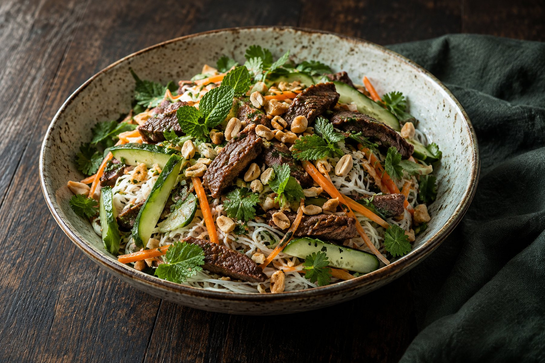 Rice noodle salad with cooked venison strips, cucumber, carrot, mint, coriander and chopped peanuts.