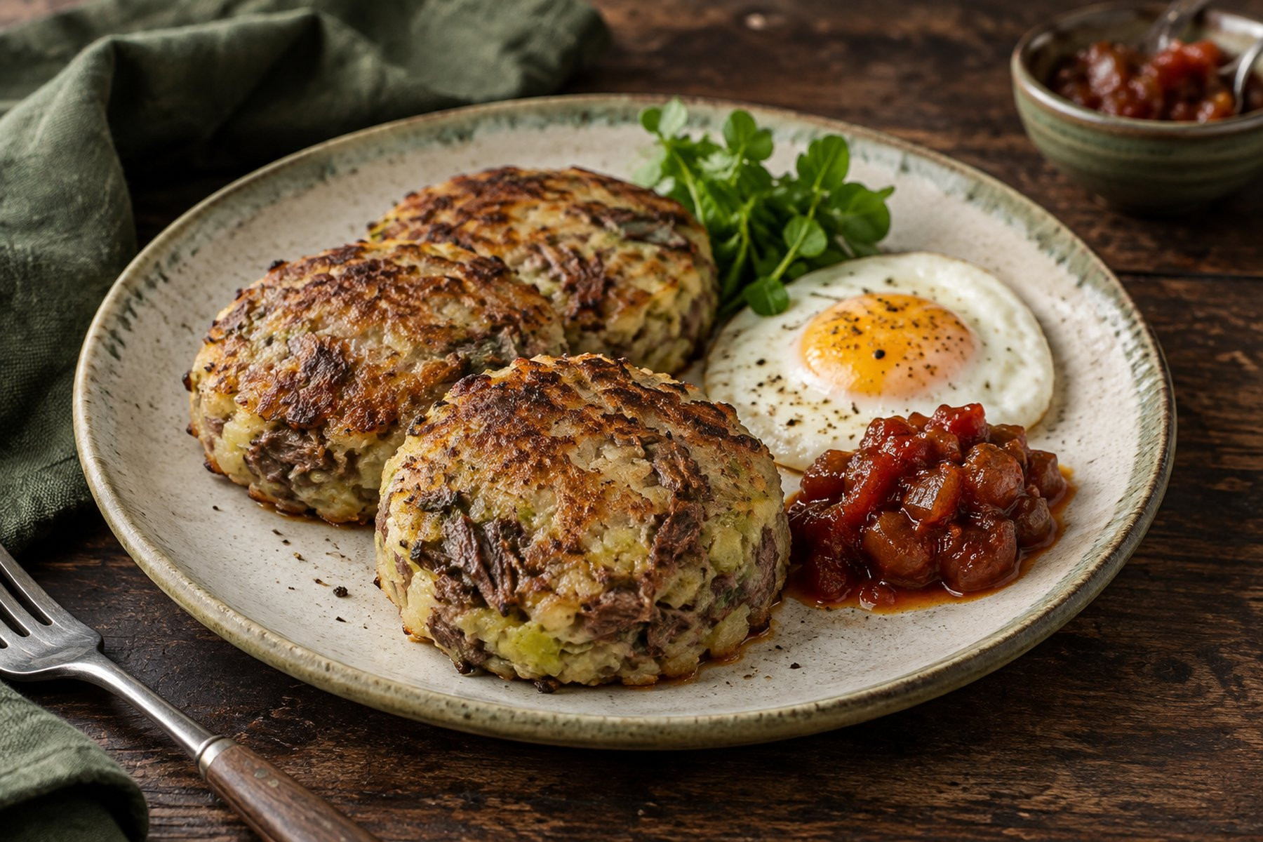 Golden wild venison bubble and squeak cakes with a cooked egg and tomato chutney.
