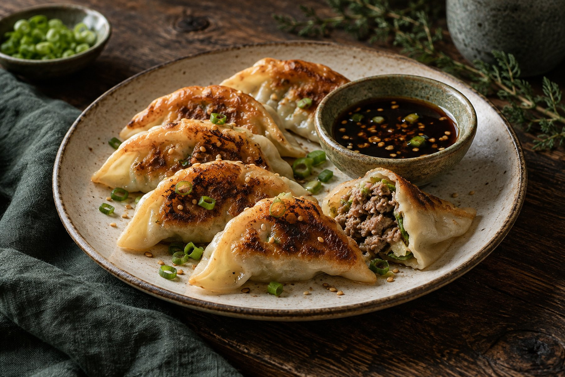 Pan-fried crescent dumplings with golden bases, one opened to show cooked venison and cabbage filling, beside soy dipping sauce.