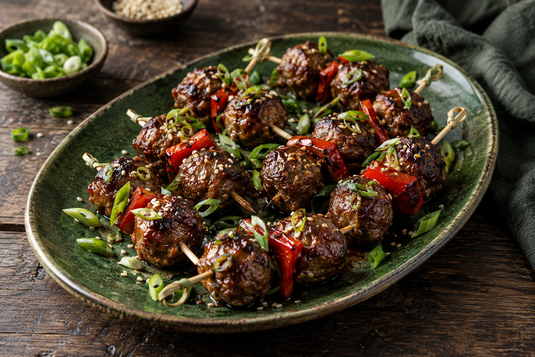 Glossy wild venison meatball skewers with roasted red pepper and sesame seeds.