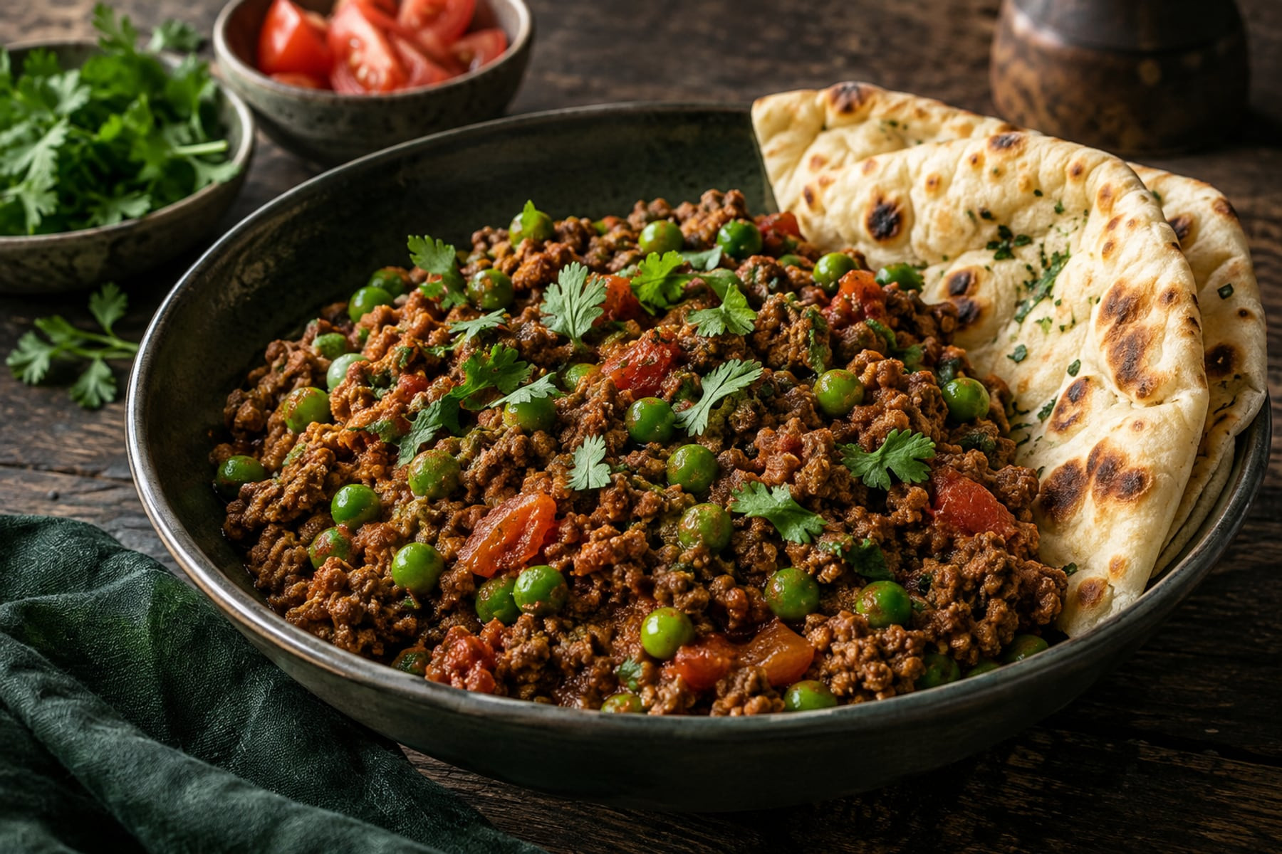 Wild venison keema with green peas, tomatoes, coriander and naan bread.