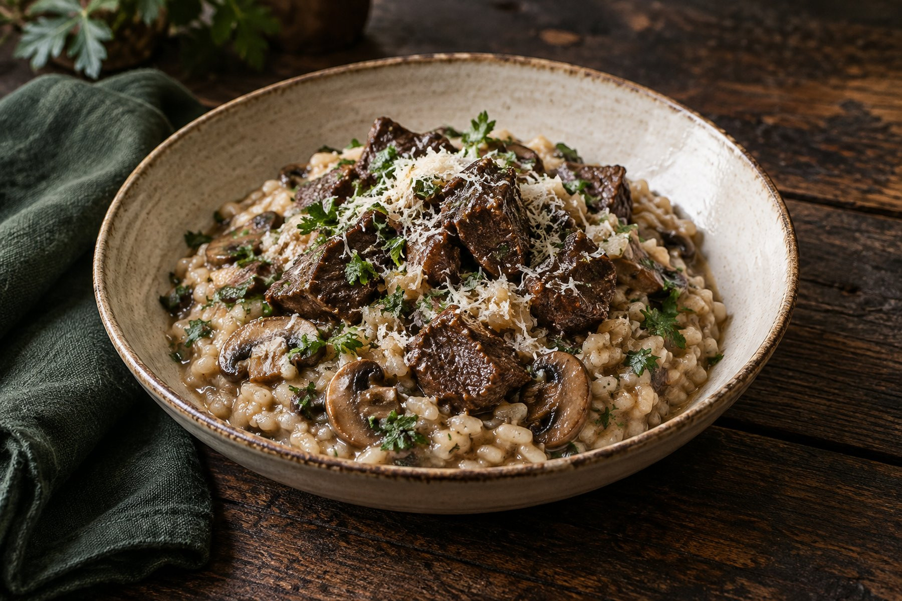 Creamy mushroom risotto in a shallow rustic bowl topped with tender braised venison pieces, parsley and Parmesan.