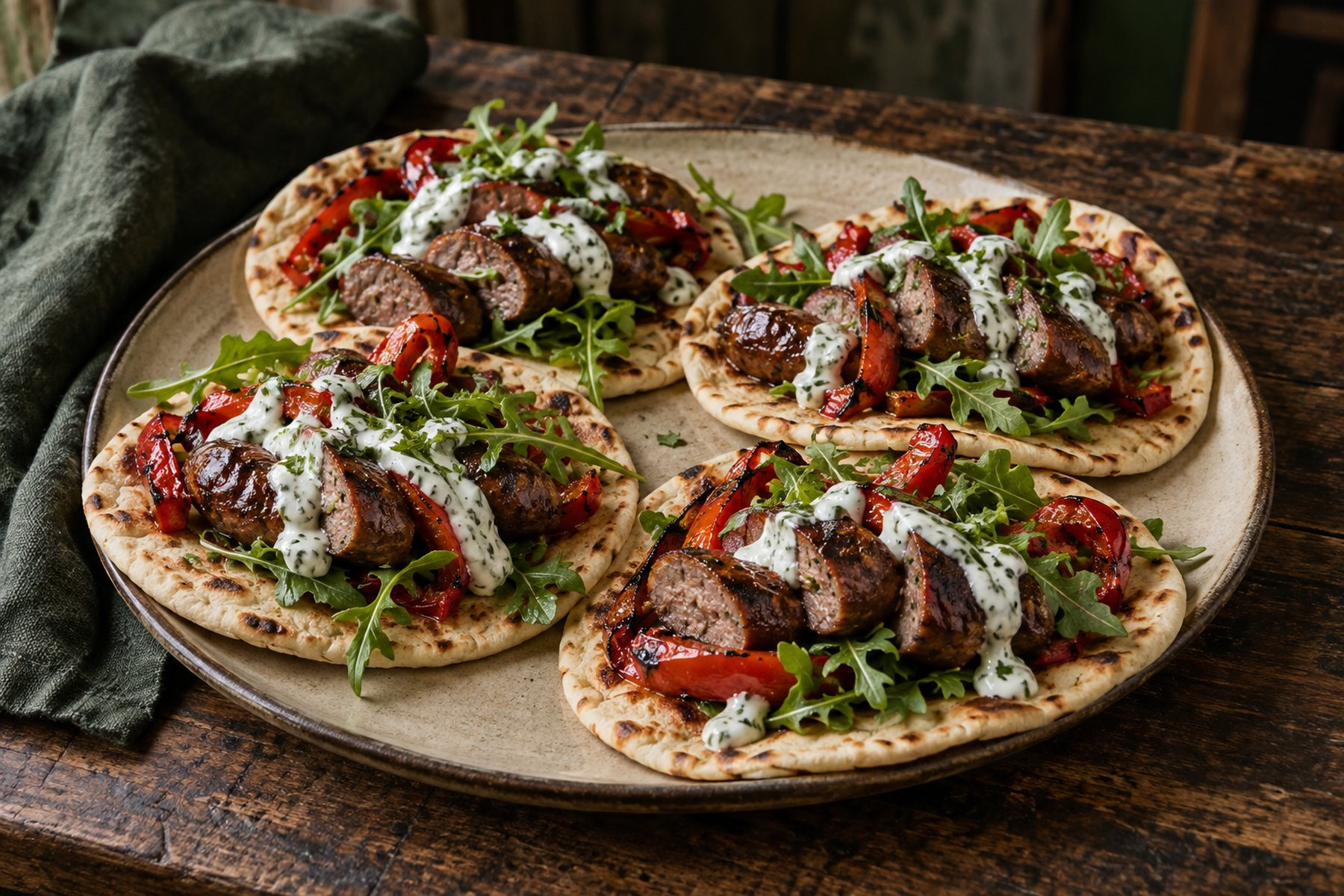 Soft flatbreads topped with sliced cooked venison sausages, charred peppers, rocket and a yoghurt drizzle.