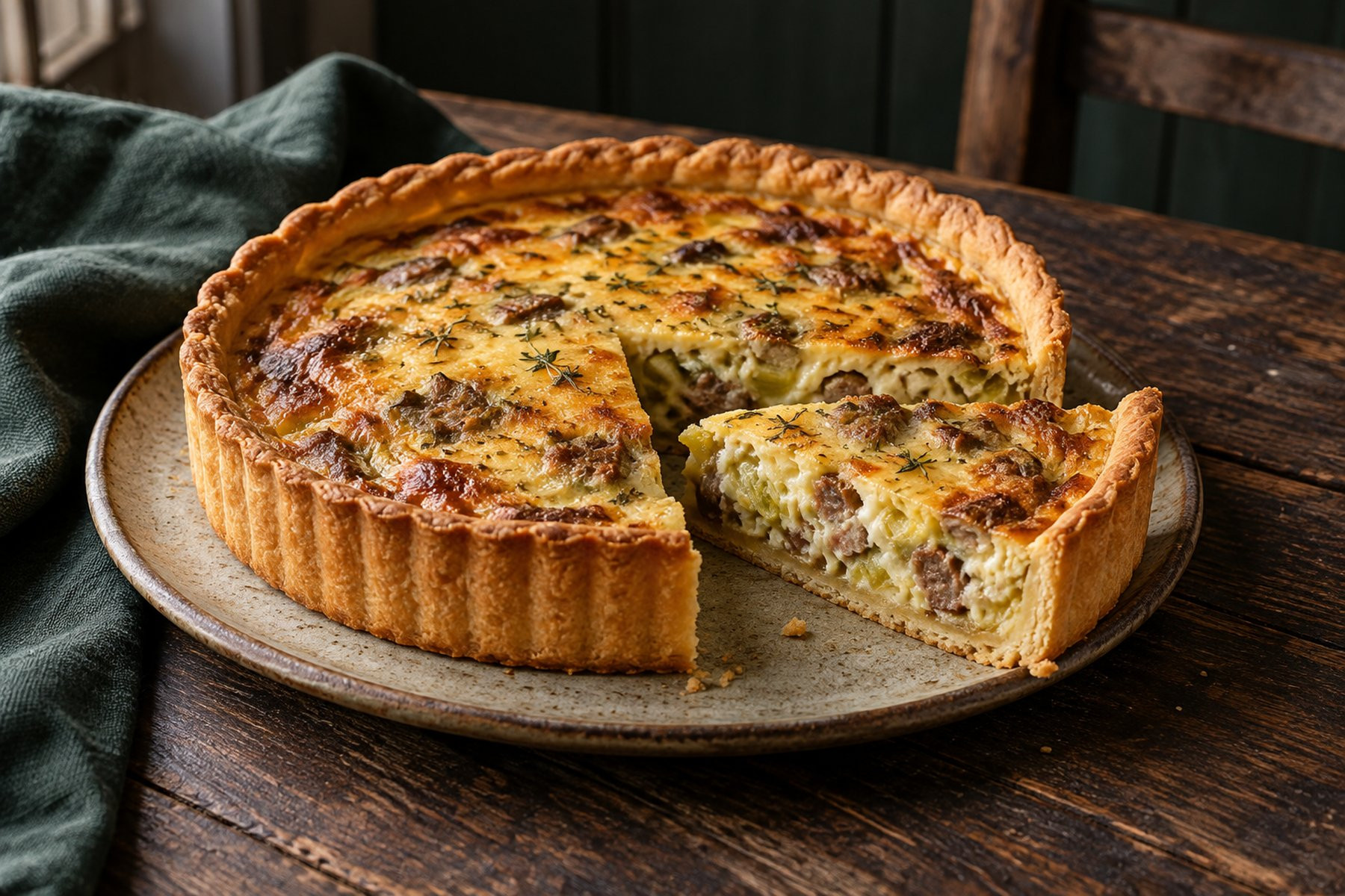 A sliced shortcrust quiche filled with cooked venison sausage pieces, softened leeks and golden egg custard.