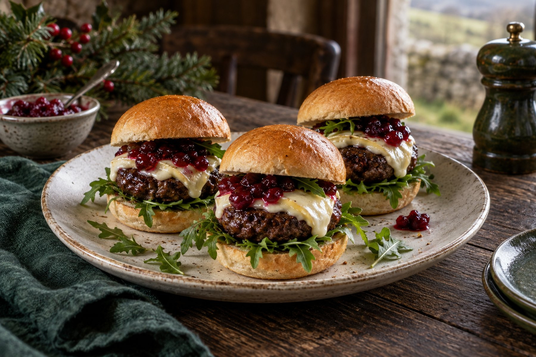 Mini wild venison burger sliders with melted Brie, cranberry sauce and rocket.