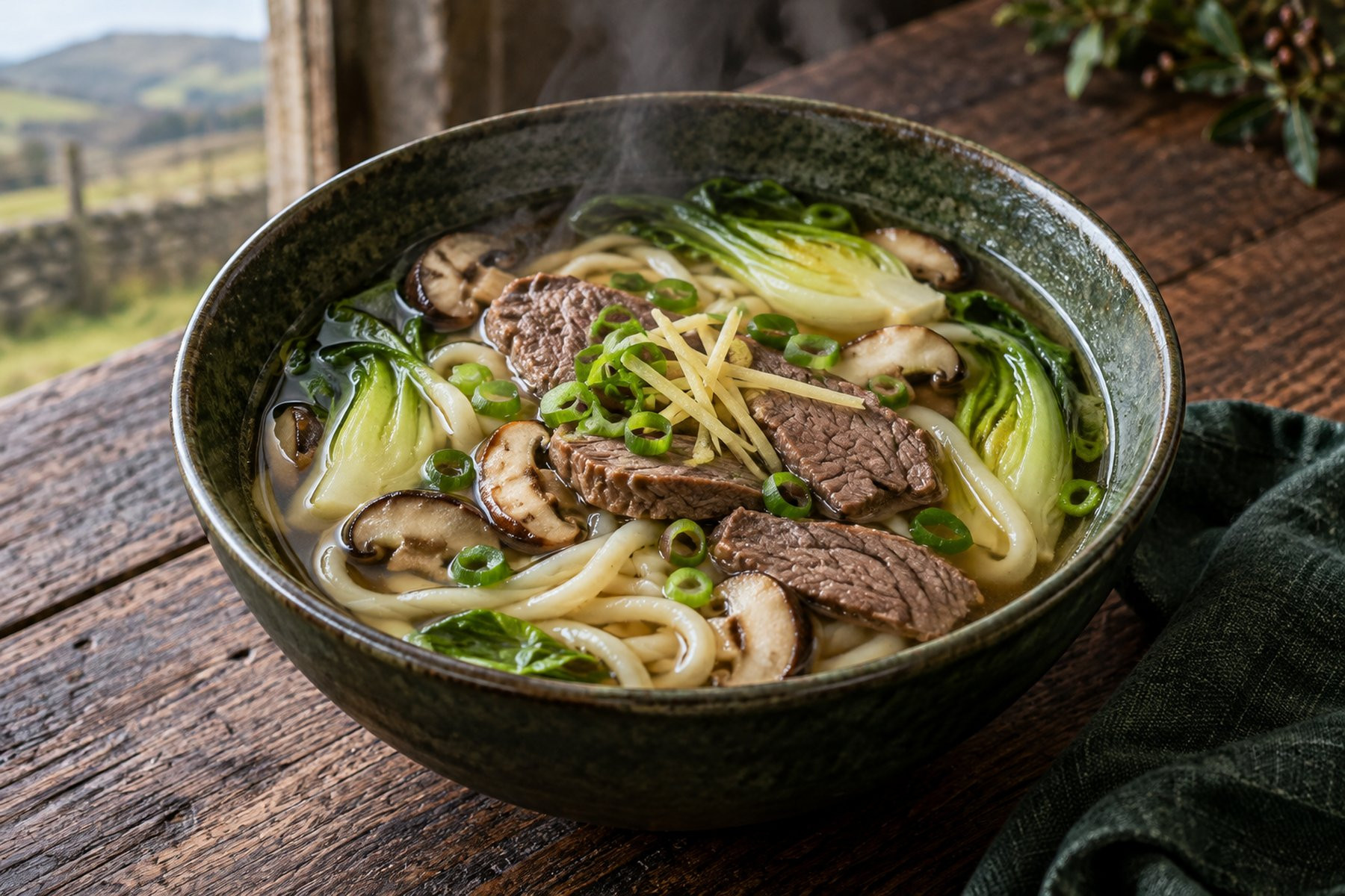 Wild venison noodle hotpot with udon, mushrooms, pak choi and ginger broth.