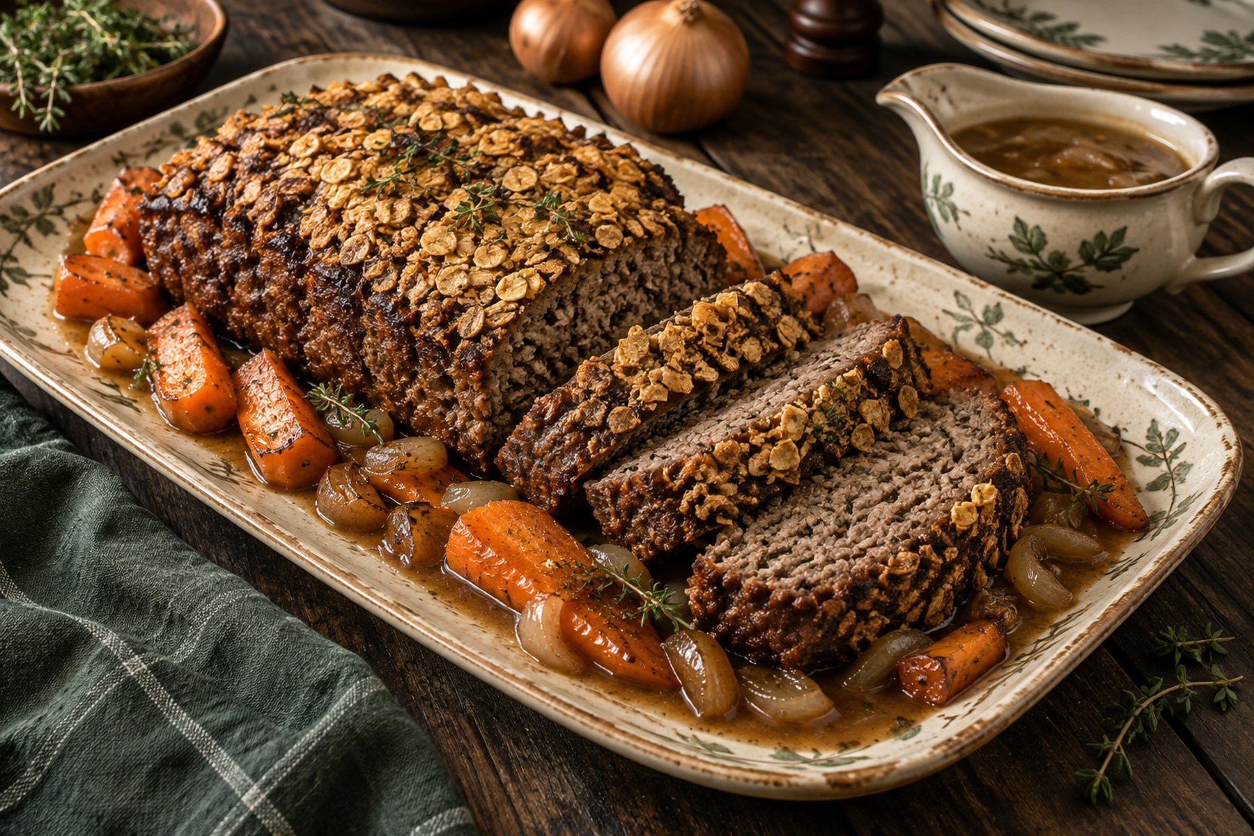 Sliced wild venison meatloaf with a toasted oat crust, roasted carrots and onion gravy.