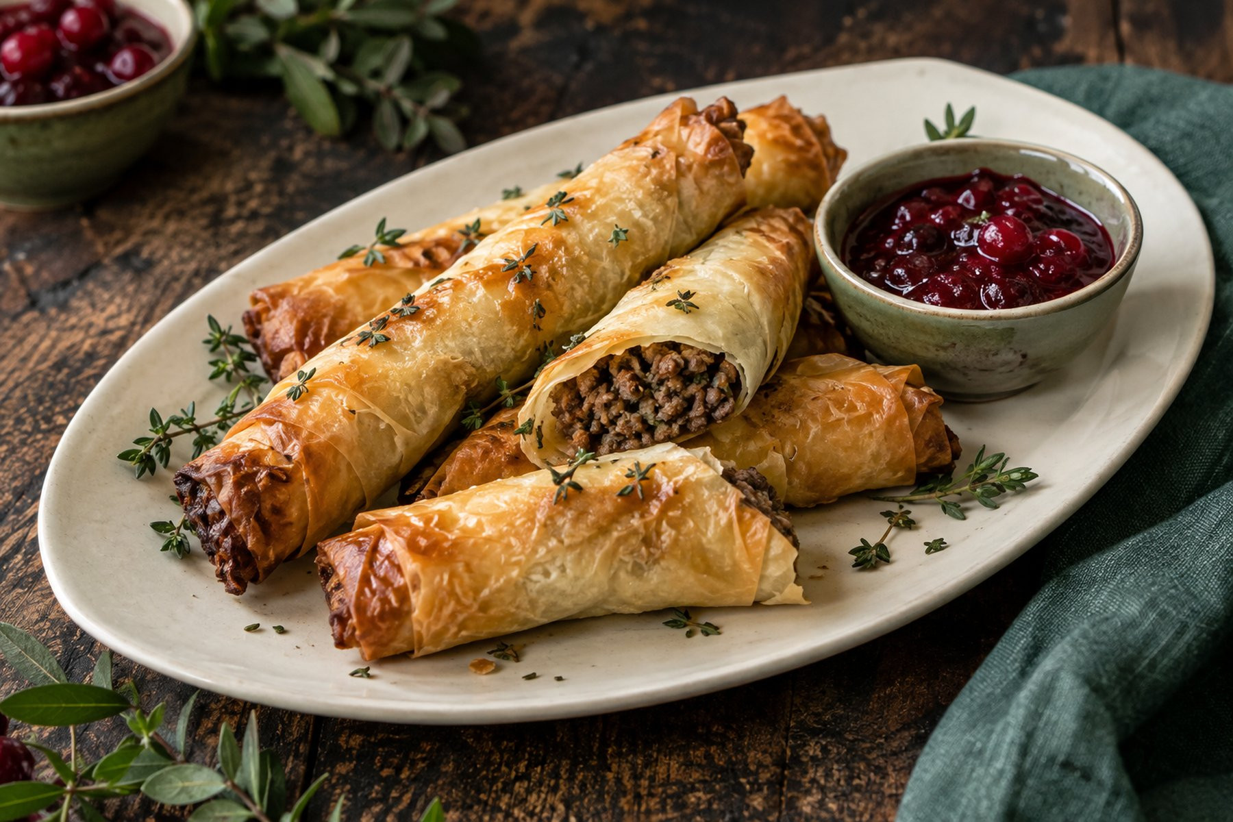 Golden filo cigars filled with wild venison mince beside a ruby cranberry dip.