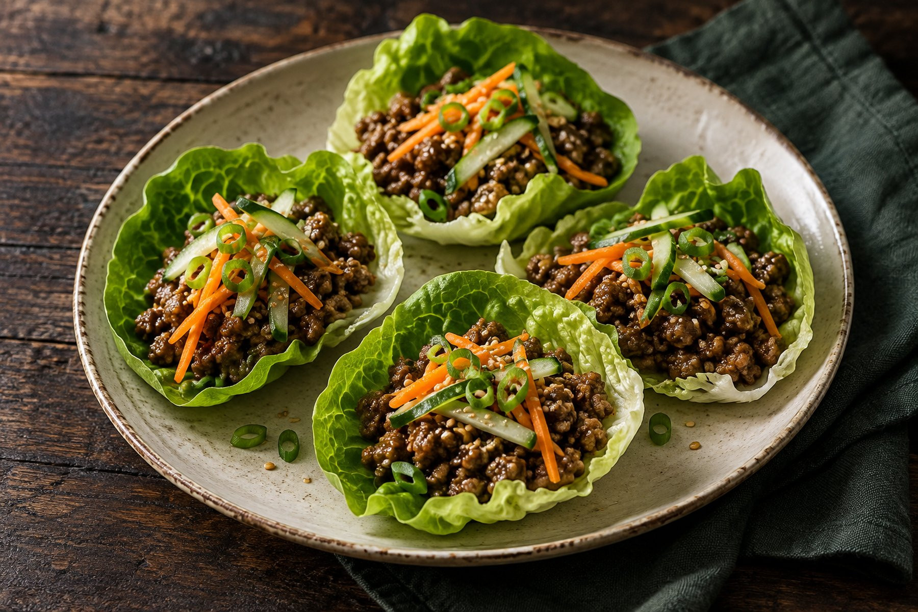 Crisp little gem lettuce cups filled with cooked sesame venison mince and topped with carrot, cucumber and spring onion.
