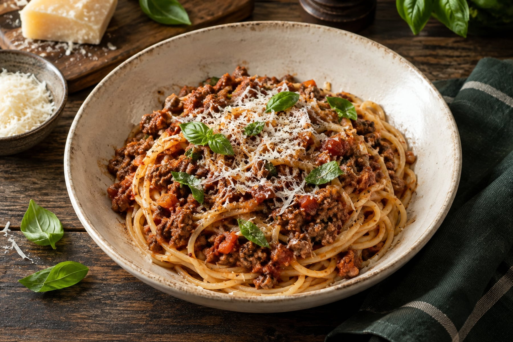 Spaghetti with wild venison Bolognese, grated Parmesan and basil.
