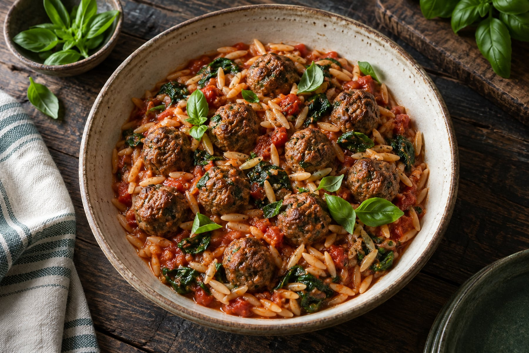 Browned wild venison meatballs in tomato orzo with spinach and basil.