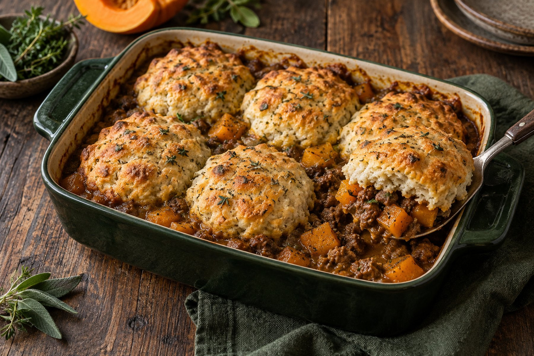 Wild venison and pumpkin cobbler with golden herb scones.