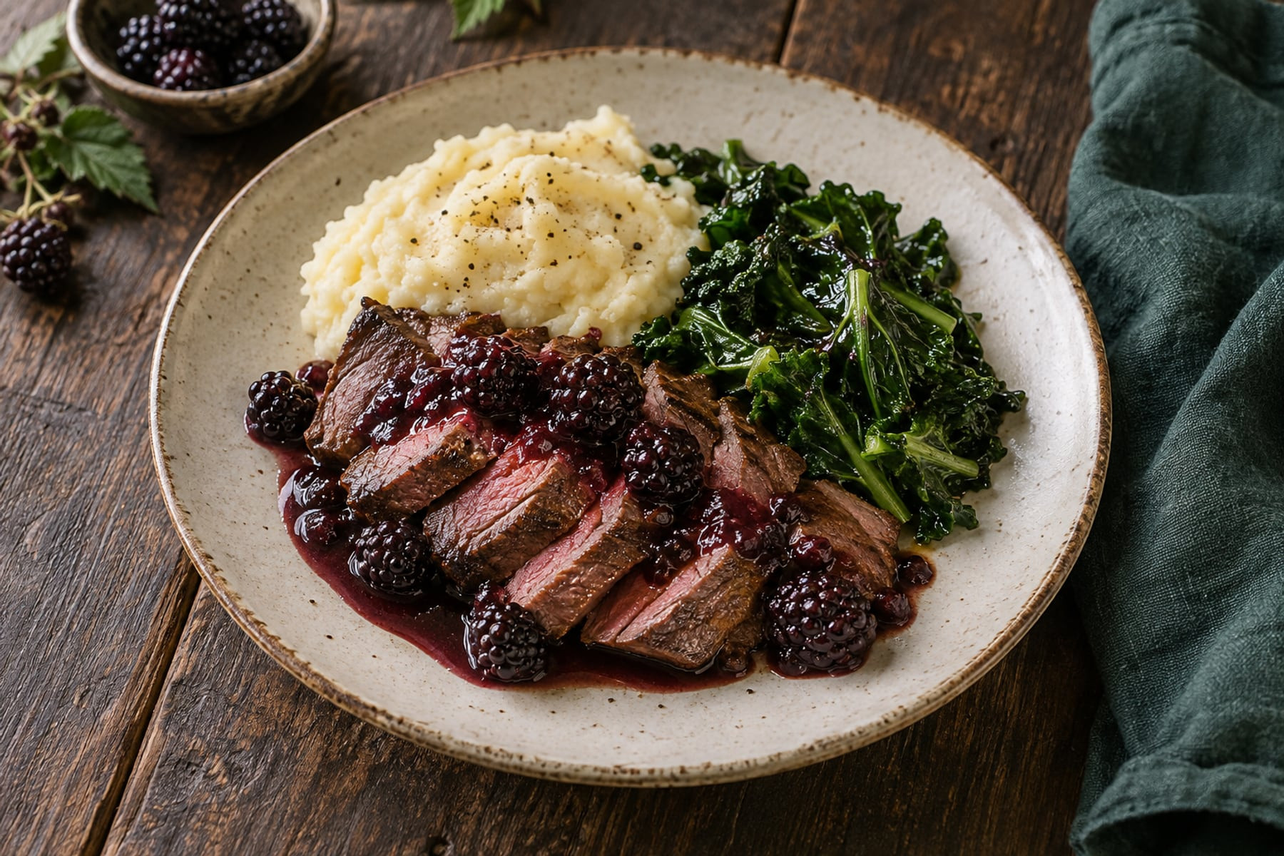 Sliced Muntjac steak with blackberry sauce, mashed potato and kale.