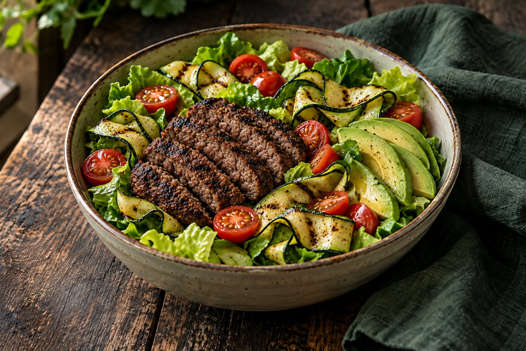A bun-free bowl with sliced cooked venison burger, grilled courgette, romaine lettuce, cherry tomatoes and avocado.