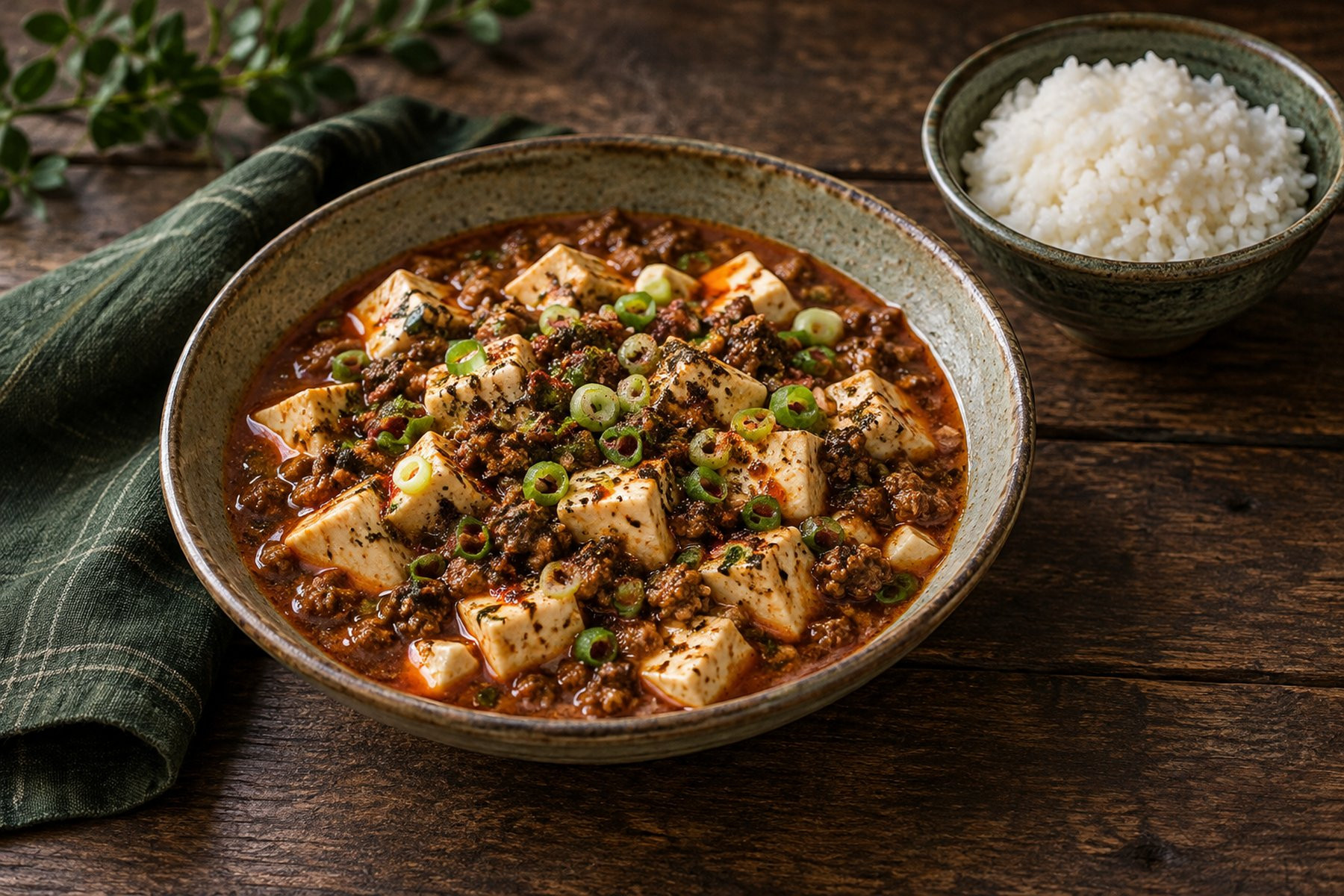 Silken tofu cubes in a reddish sauce with cooked venison mince and spring onion, served beside steamed rice.
