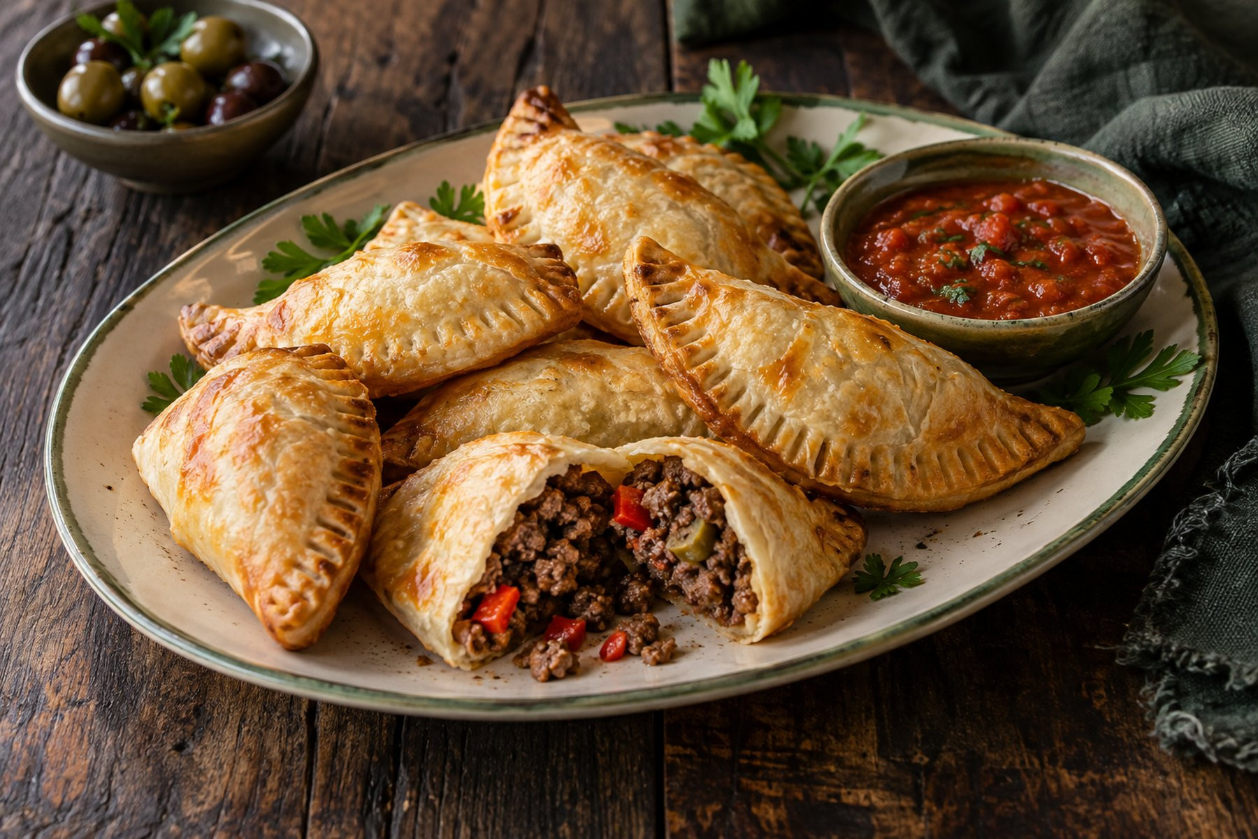 Golden wild venison empanadas with red pepper and olive filling and tomato salsa.