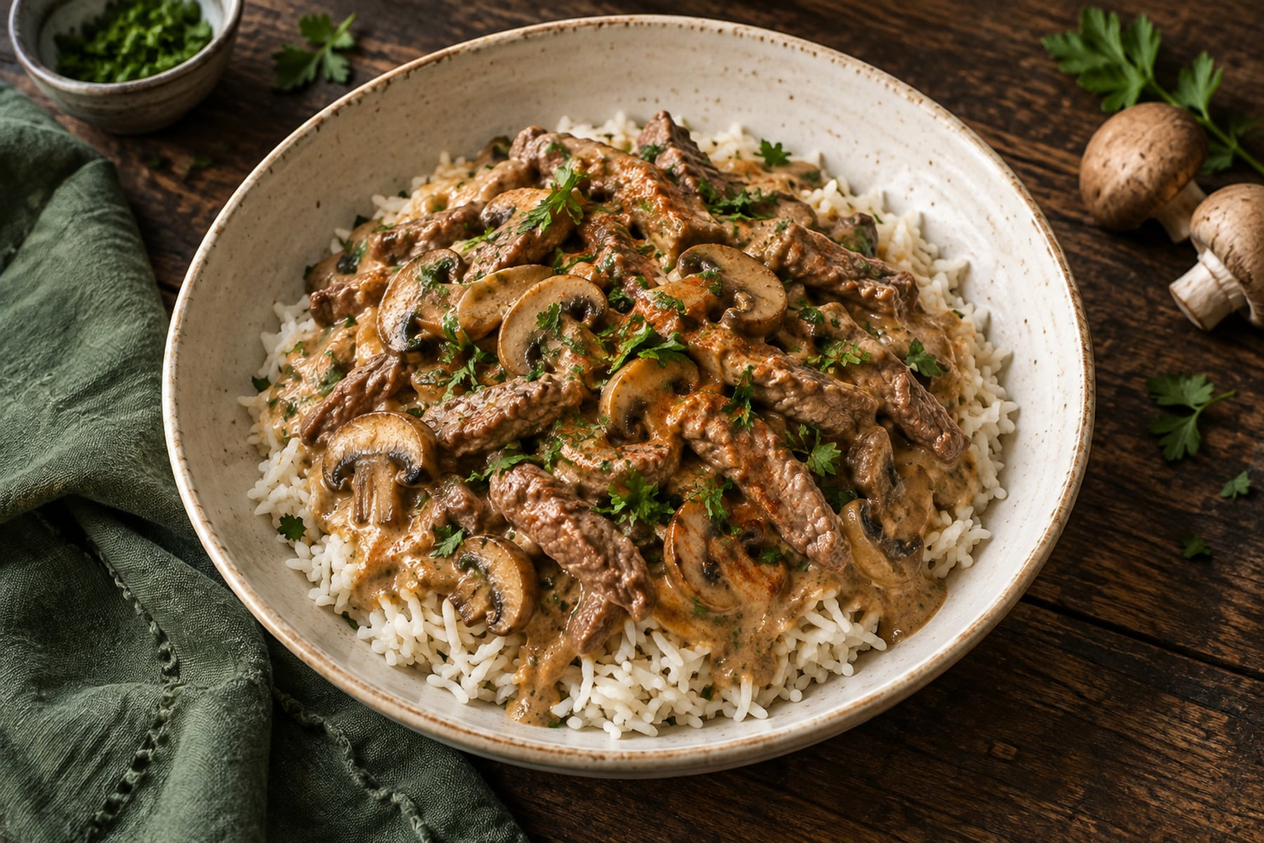 Muntjac and mushroom stroganoff in a creamy sauce over rice, topped with parsley.