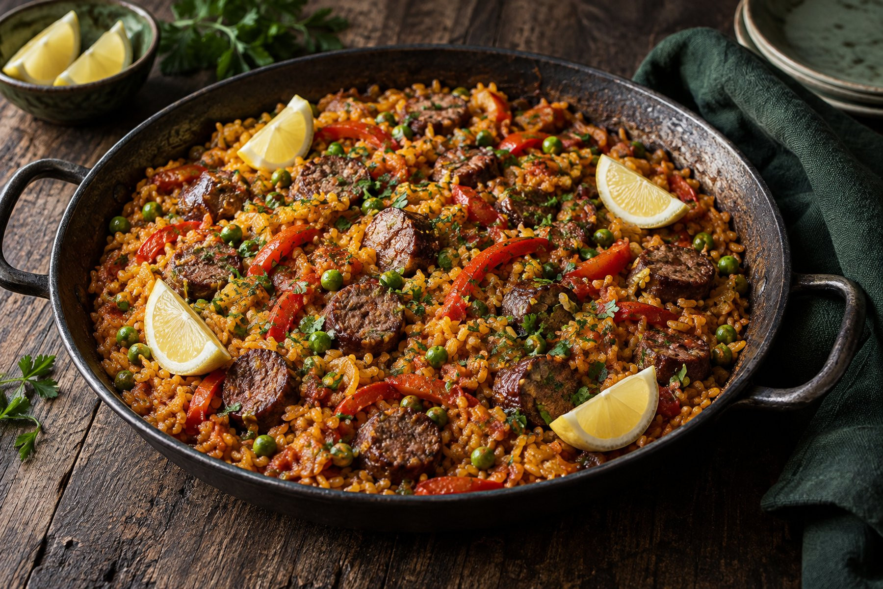 A wide dark pan of golden paprika rice with cooked venison sausage slices, red pepper, peas and lemon wedges.
