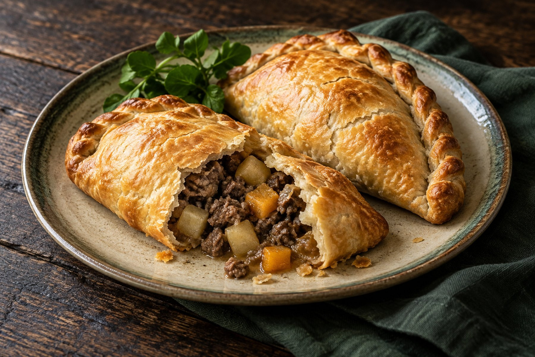 Golden wild venison pasties with mince, potato and swede filling.