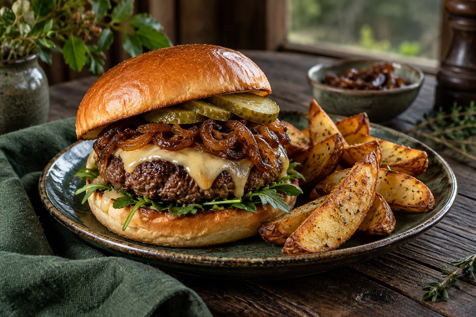 Wild venison cheeseburger with caramelised onions, gherkins and potato wedges.