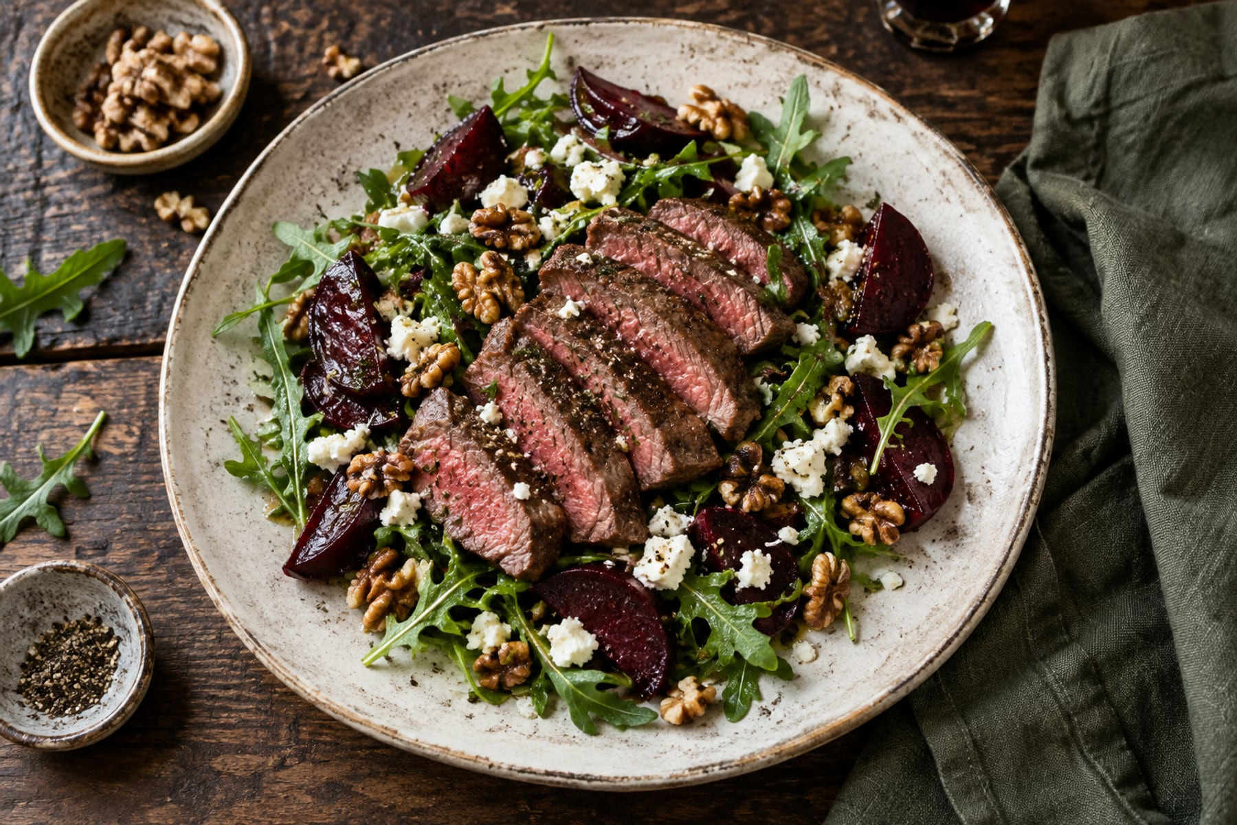 Roe Deer steak salad with beetroot wedges, rocket, walnuts and crumbled feta.
