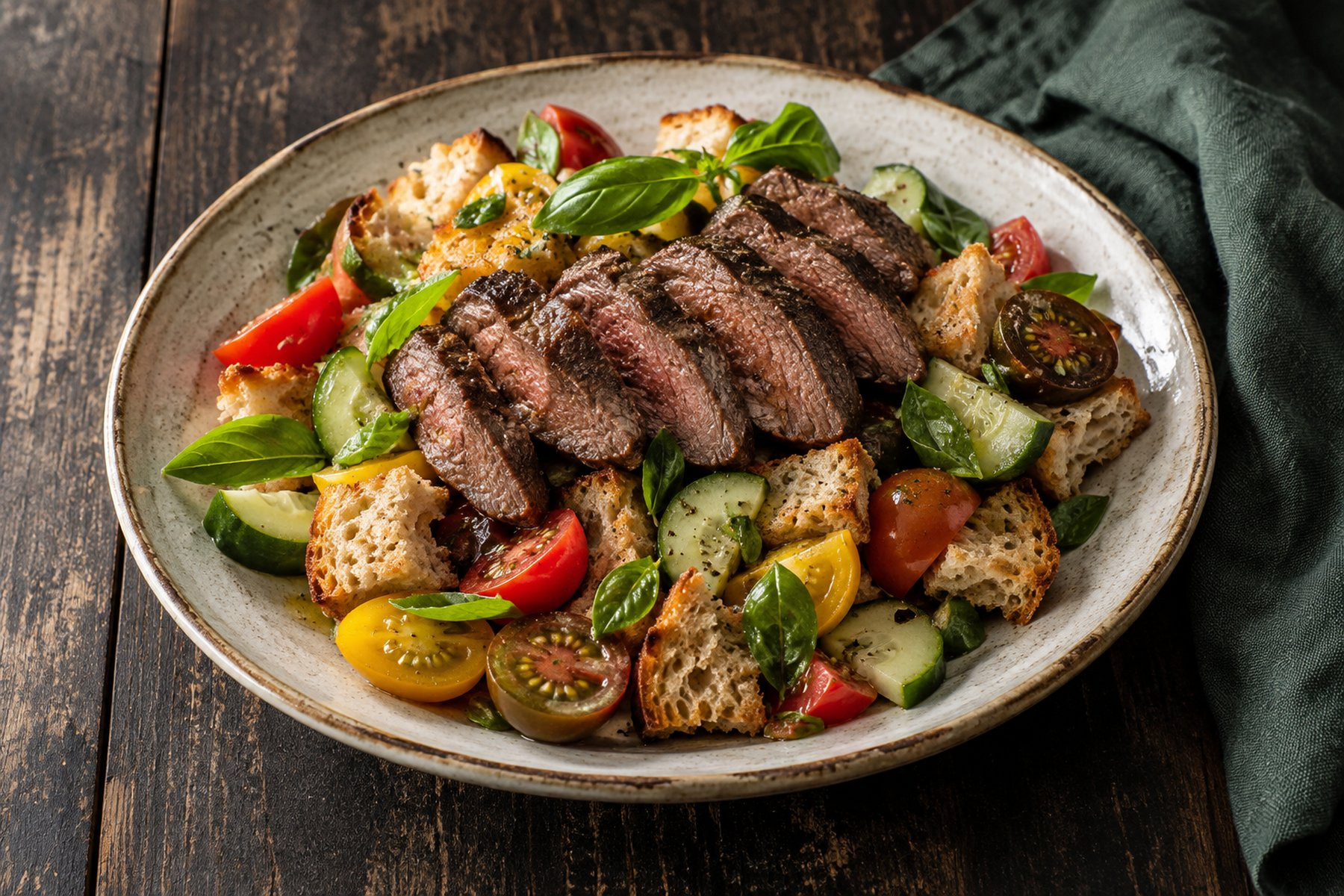 Sliced seared venison steak over a bread salad of golden sourdough chunks, colourful tomatoes, cucumber and basil.