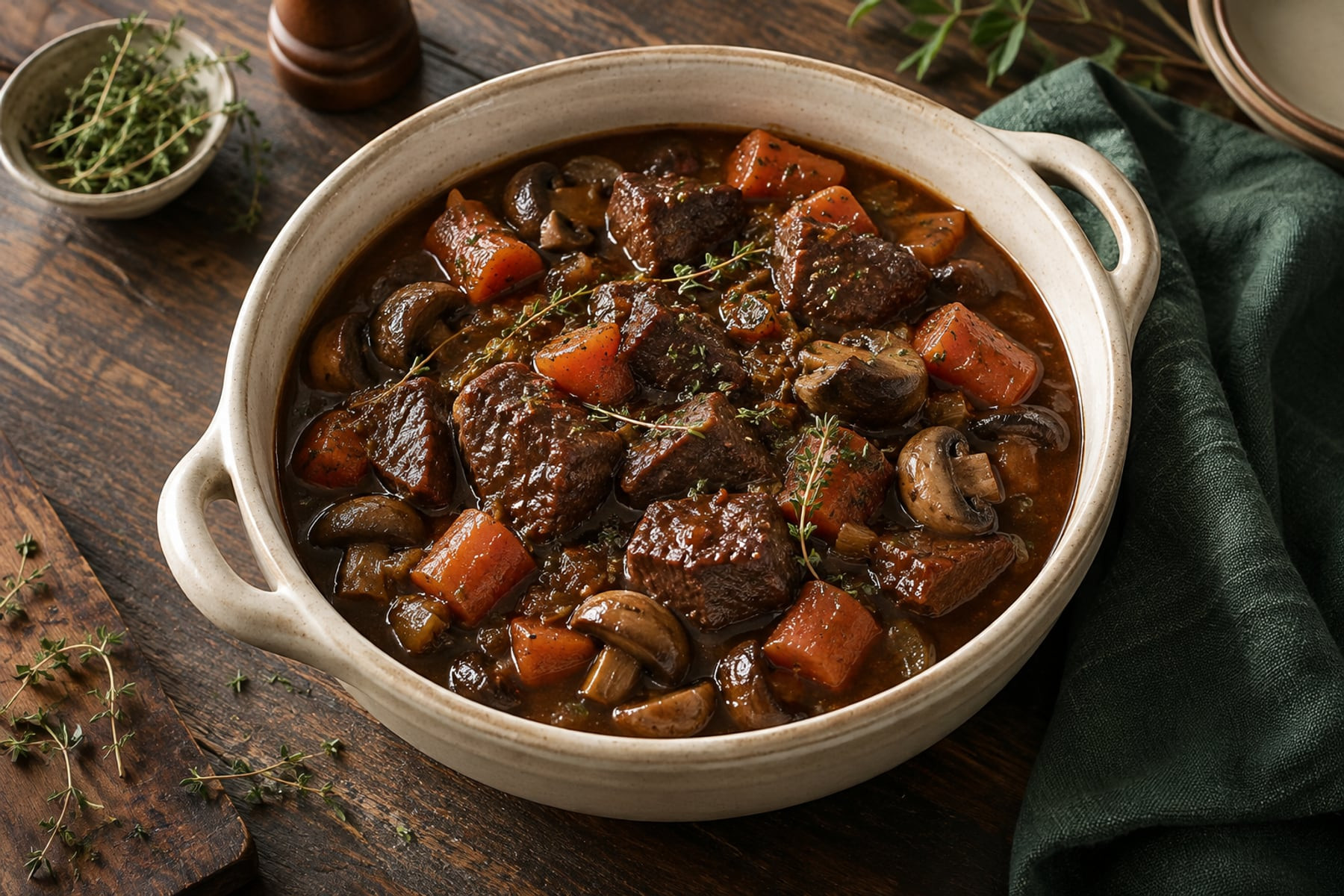 Slow-cooked wild venison casserole with carrots and mushrooms in a cream ceramic bowl.