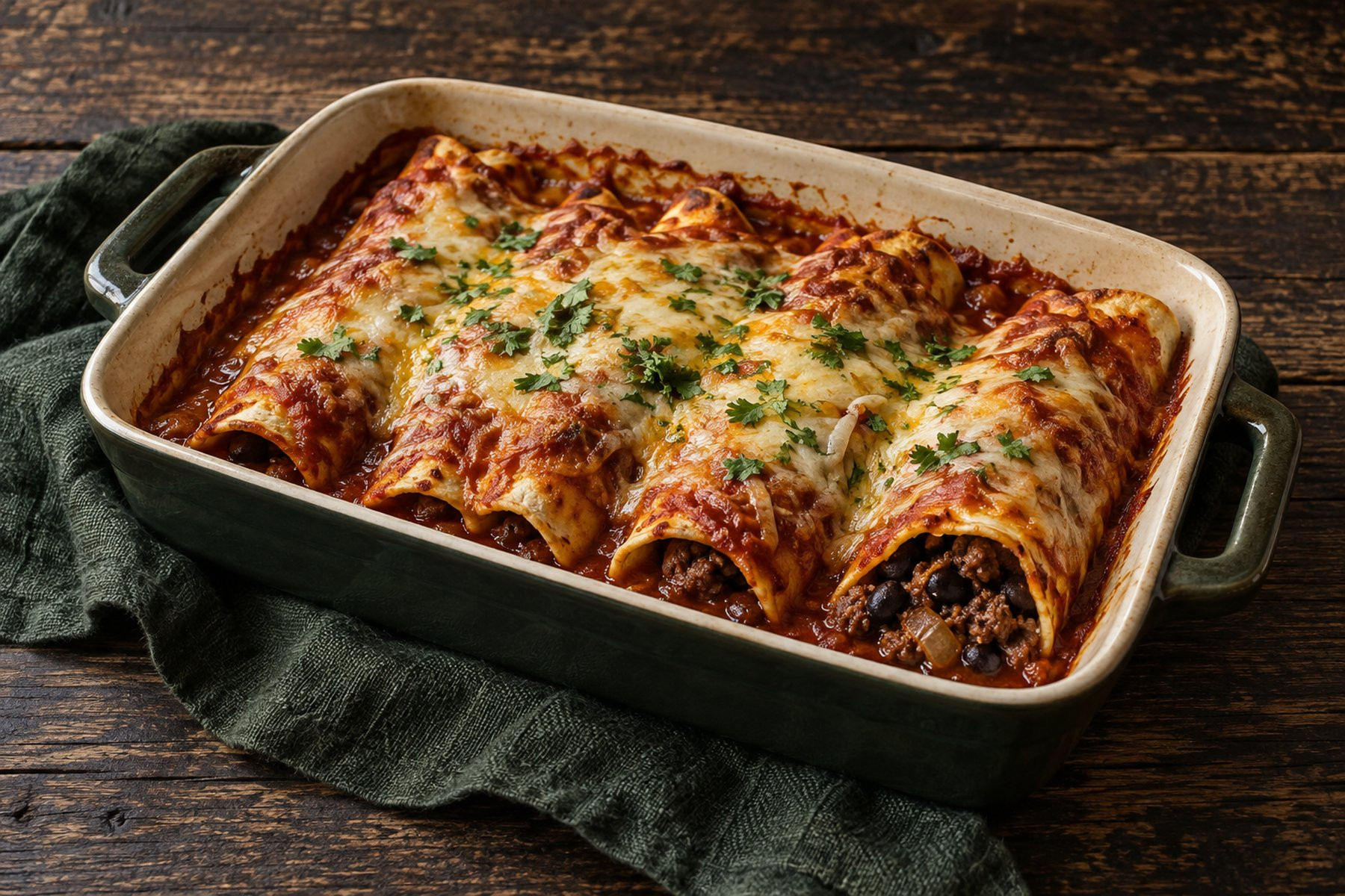 Rolled tortillas in a baking dish covered with red tomato sauce and melted cheese, one showing a venison-and-bean filling.