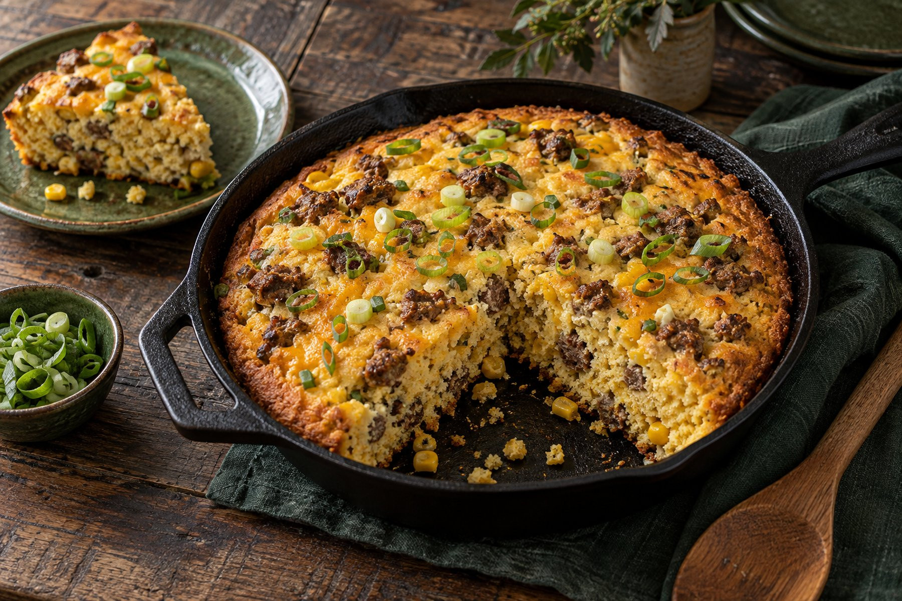 Golden skillet cornbread with wild venison sausage, sweetcorn and spring onions.