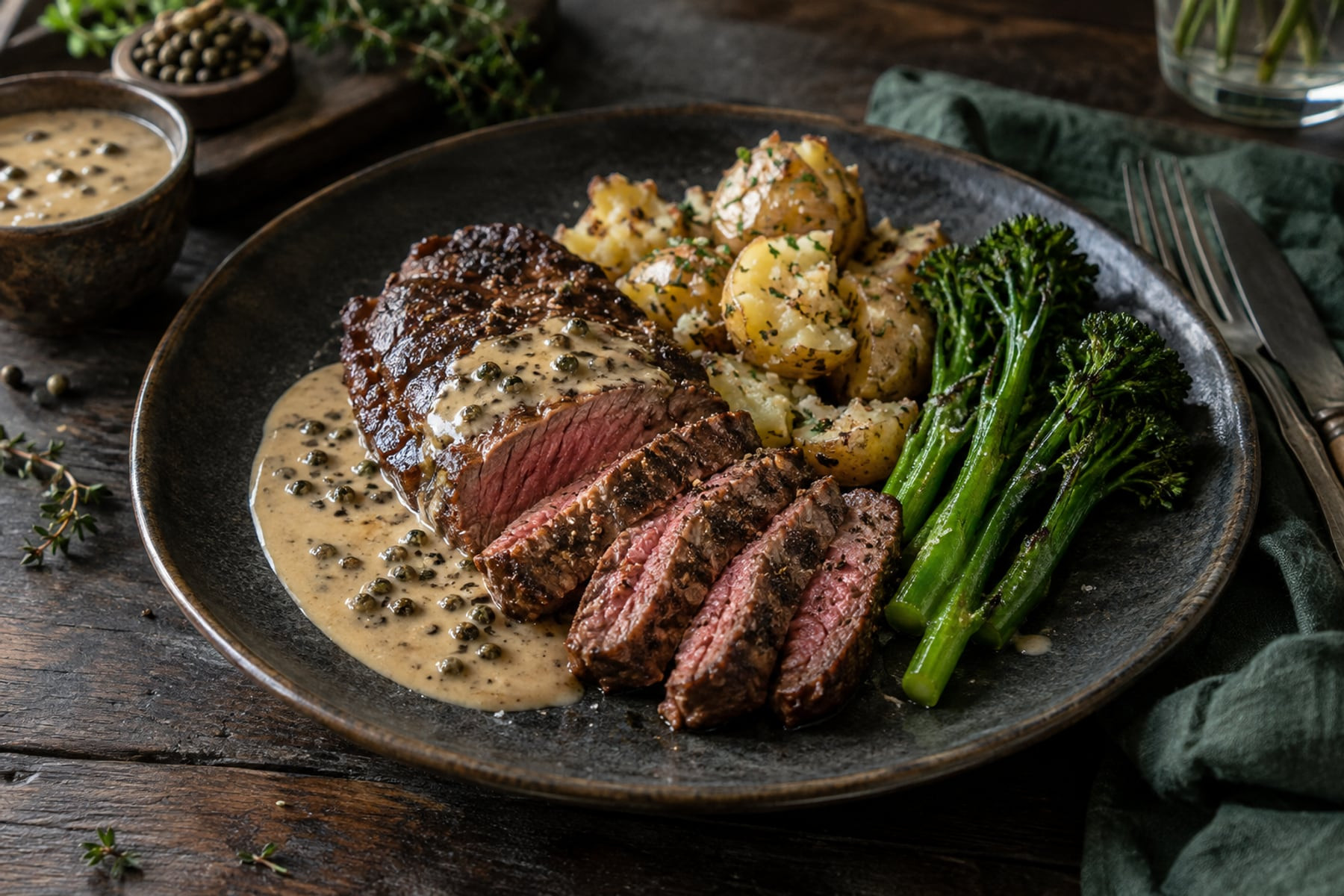 Wild venison steak with creamy peppercorn sauce, crushed potatoes and tenderstem broccoli.