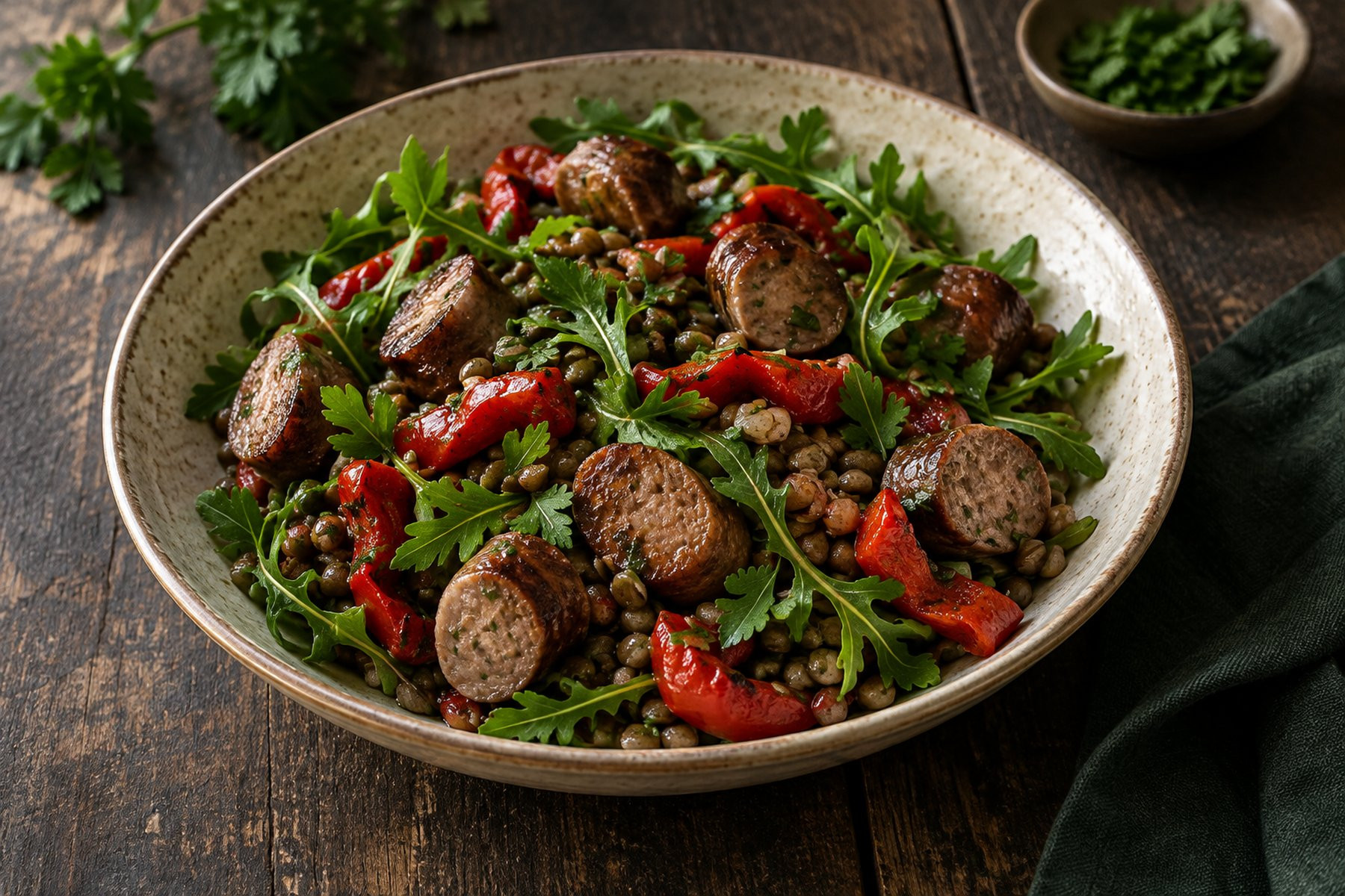 Cooked venison sausage pieces with green lentils, roasted red peppers, rocket and parsley in a shallow bowl.