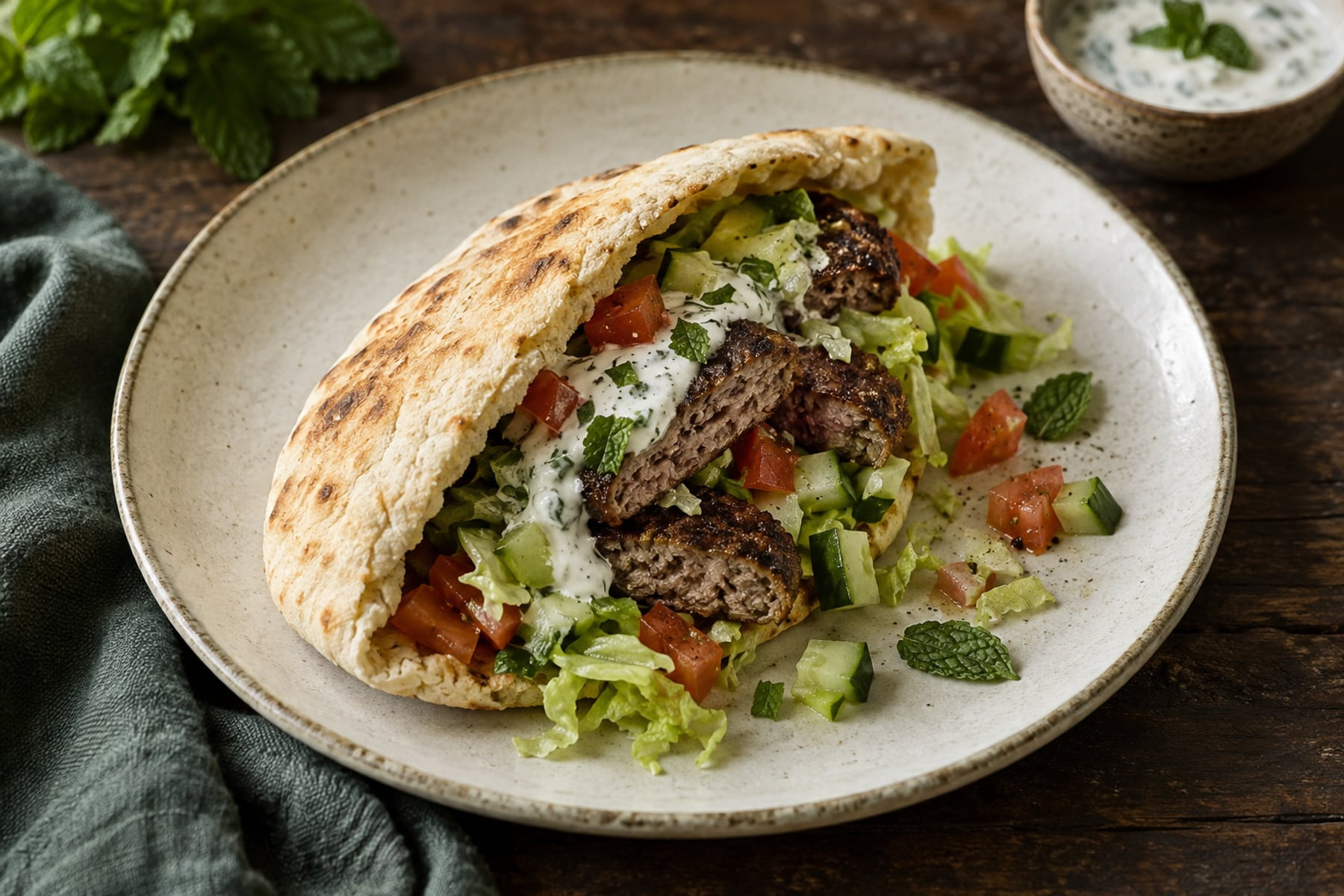 Pitta filled with sliced wild venison burger, lettuce, tomato, cucumber and mint yoghurt.
