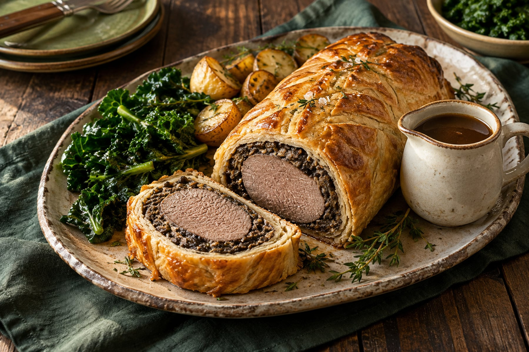 Sliced Roe Deer loin Wellington showing its mushroom layer, with kale and gravy.
