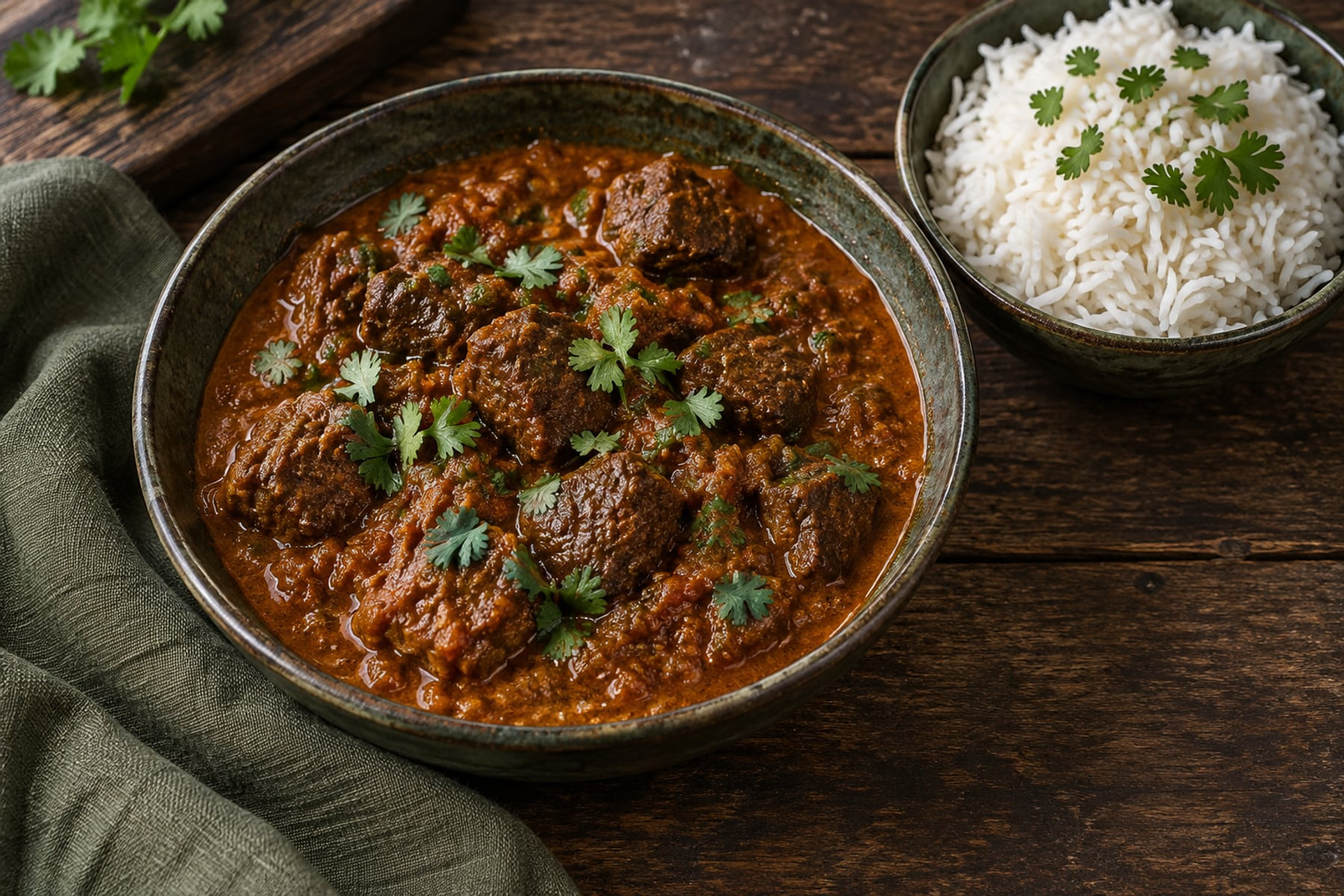 Fallow Deer rogan josh with coriander and a separate bowl of basmati rice.