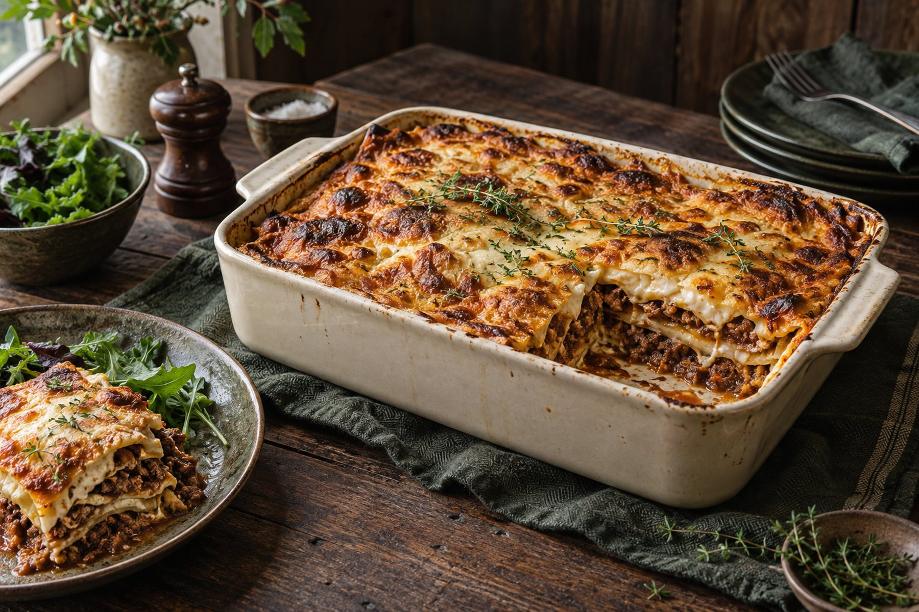 Layered wild venison lasagne with a golden cheese top and tomato filling.