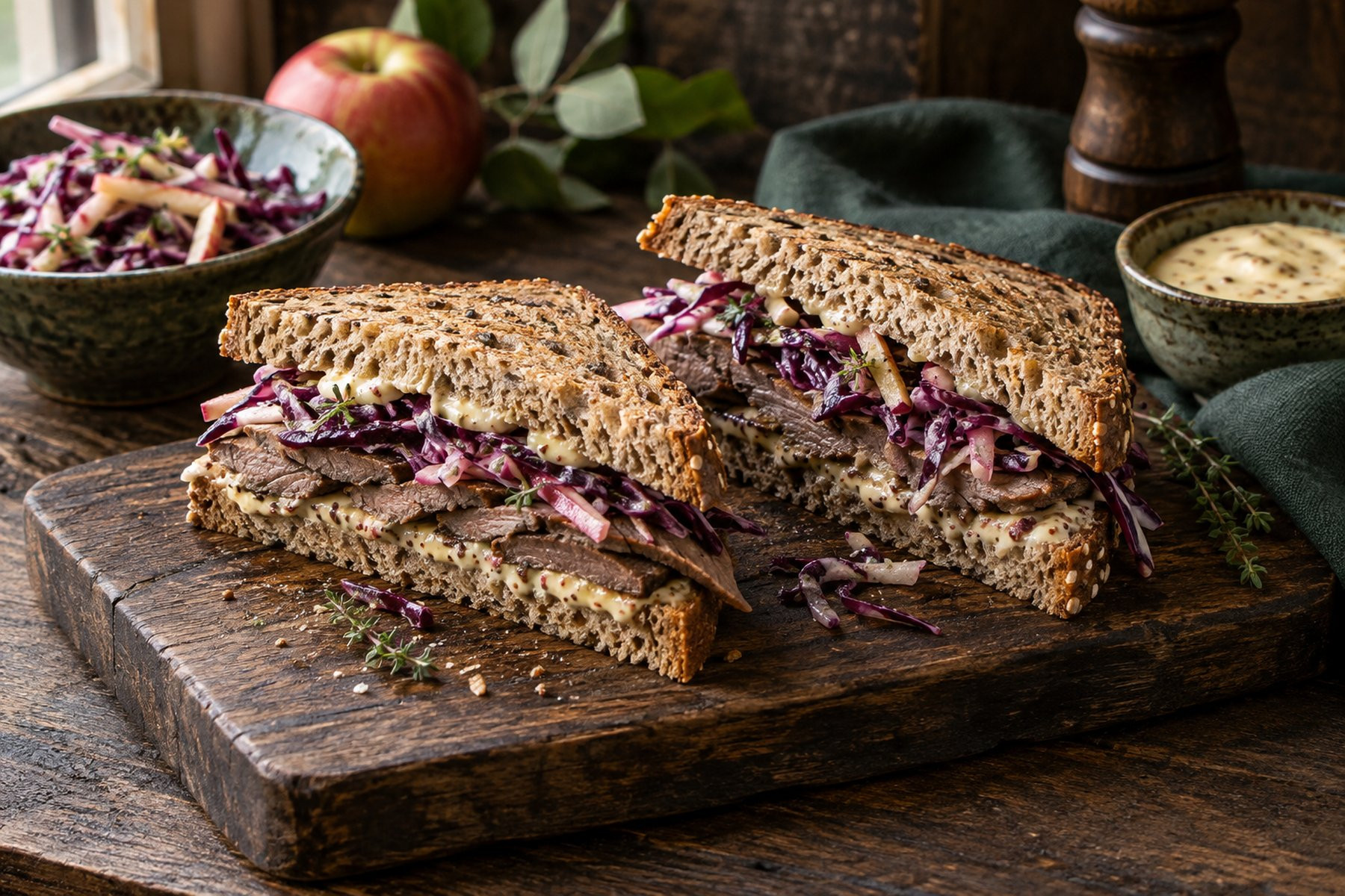 Seeded bread sandwiches filled with cold wild venison, apple slaw and rocket.