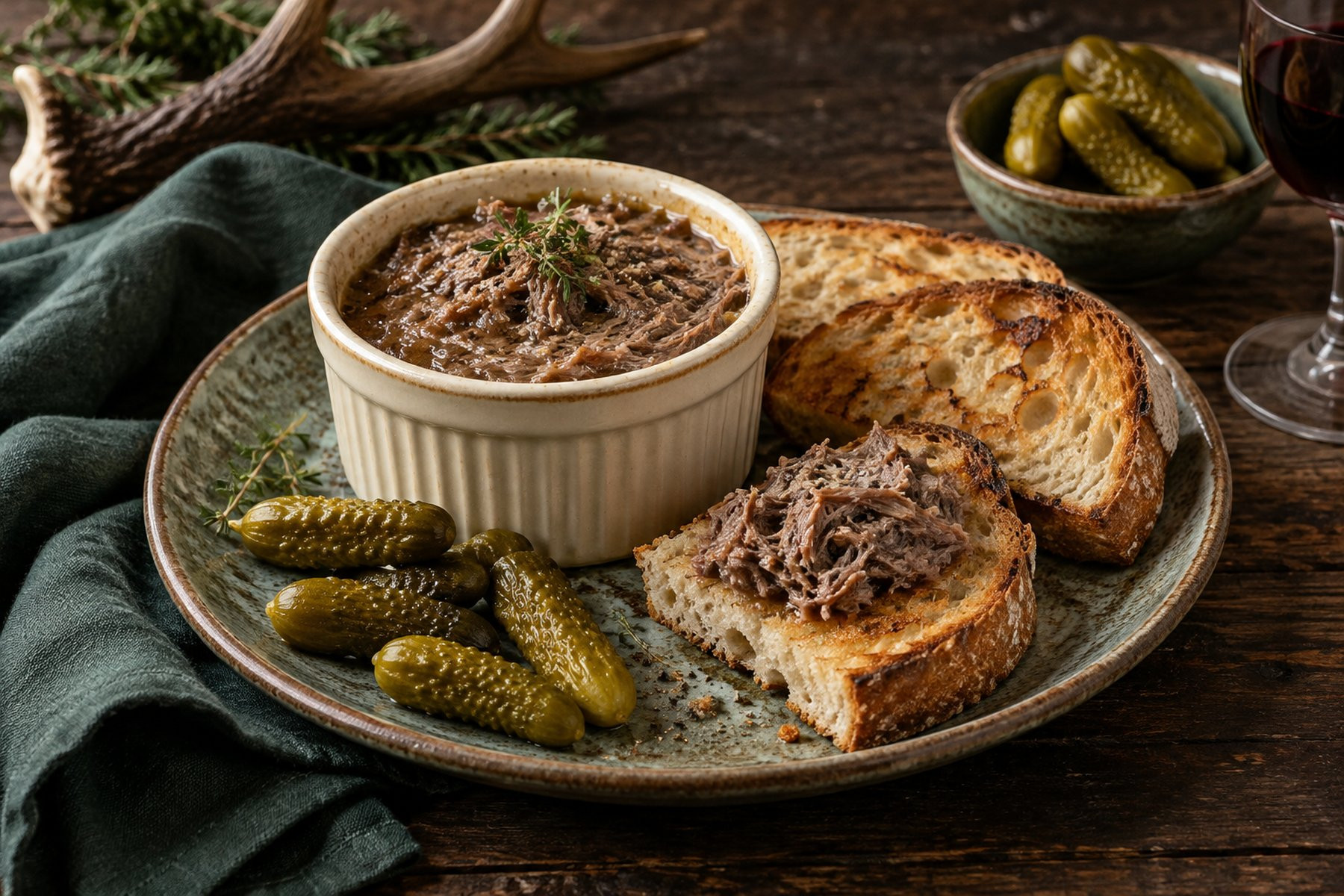 Potted shredded wild venison in small ramekins with sourdough toast and cornichons.